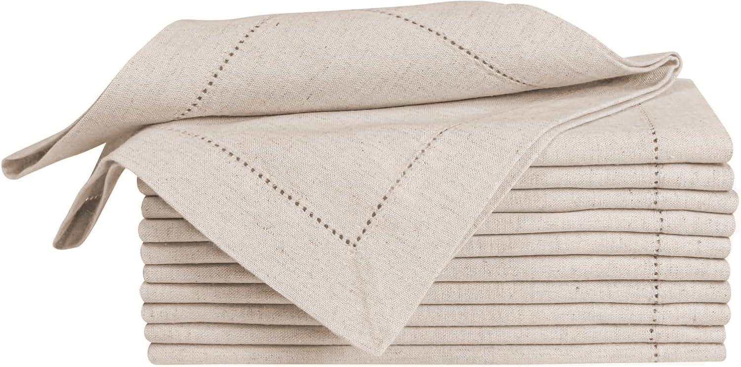 Bedding Craft Flax Linen Cotton Napkins, Dinner Napkins, Wedding Table Napkins, Hemstitched Linen Napkins, 20"x20" Natural - Set of 12