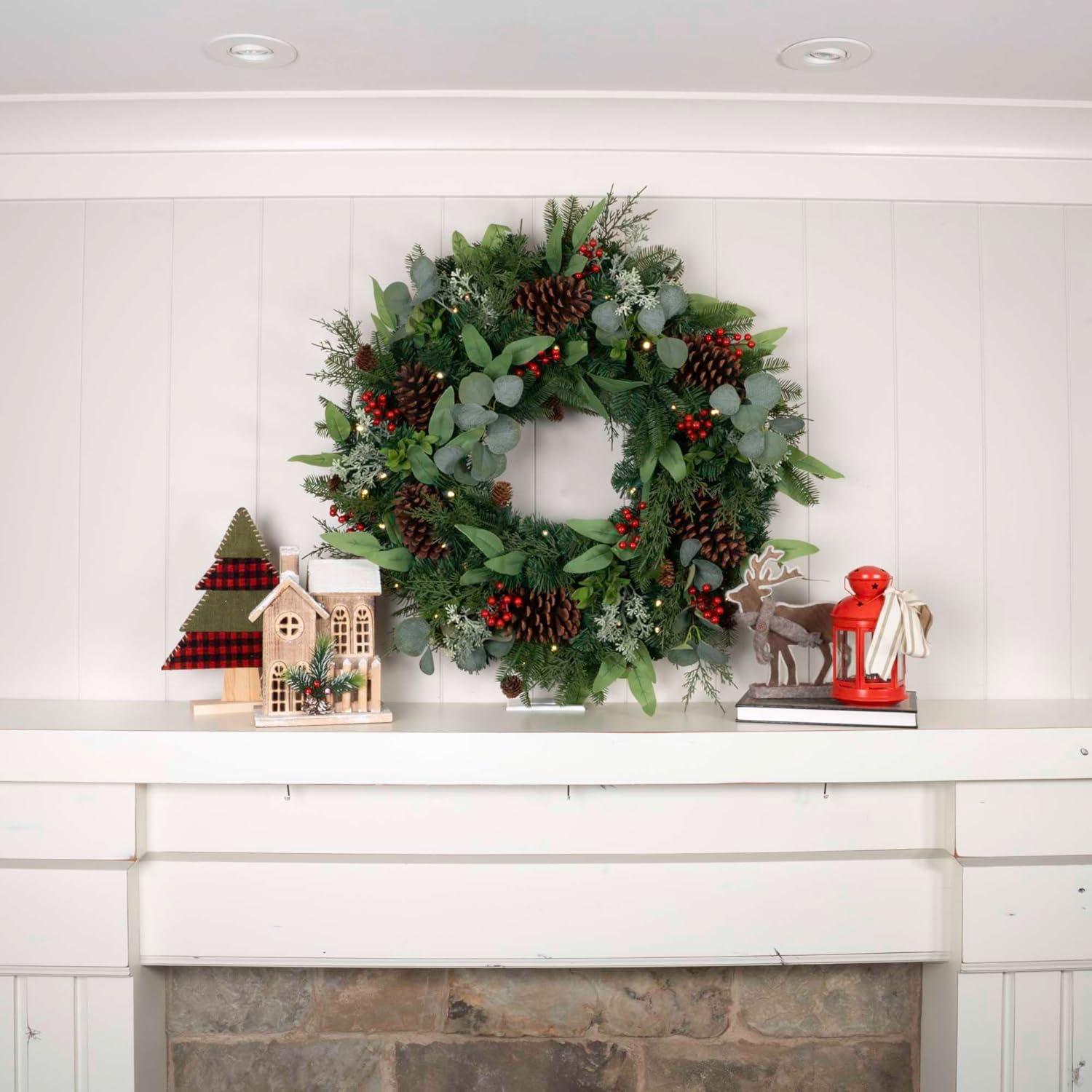 30 Inch Pre-Lit Pine Christmas Wreath with LED Lights