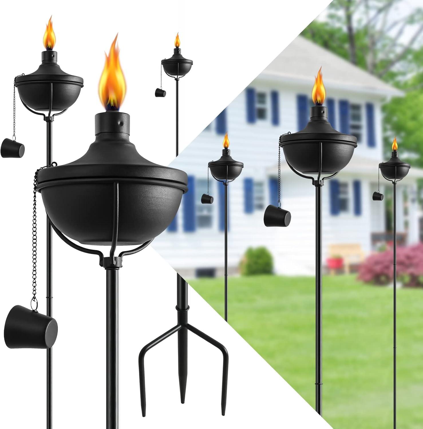 55-Inch Black Metal Garden Torches with 3-Prong Stake, Set of 6