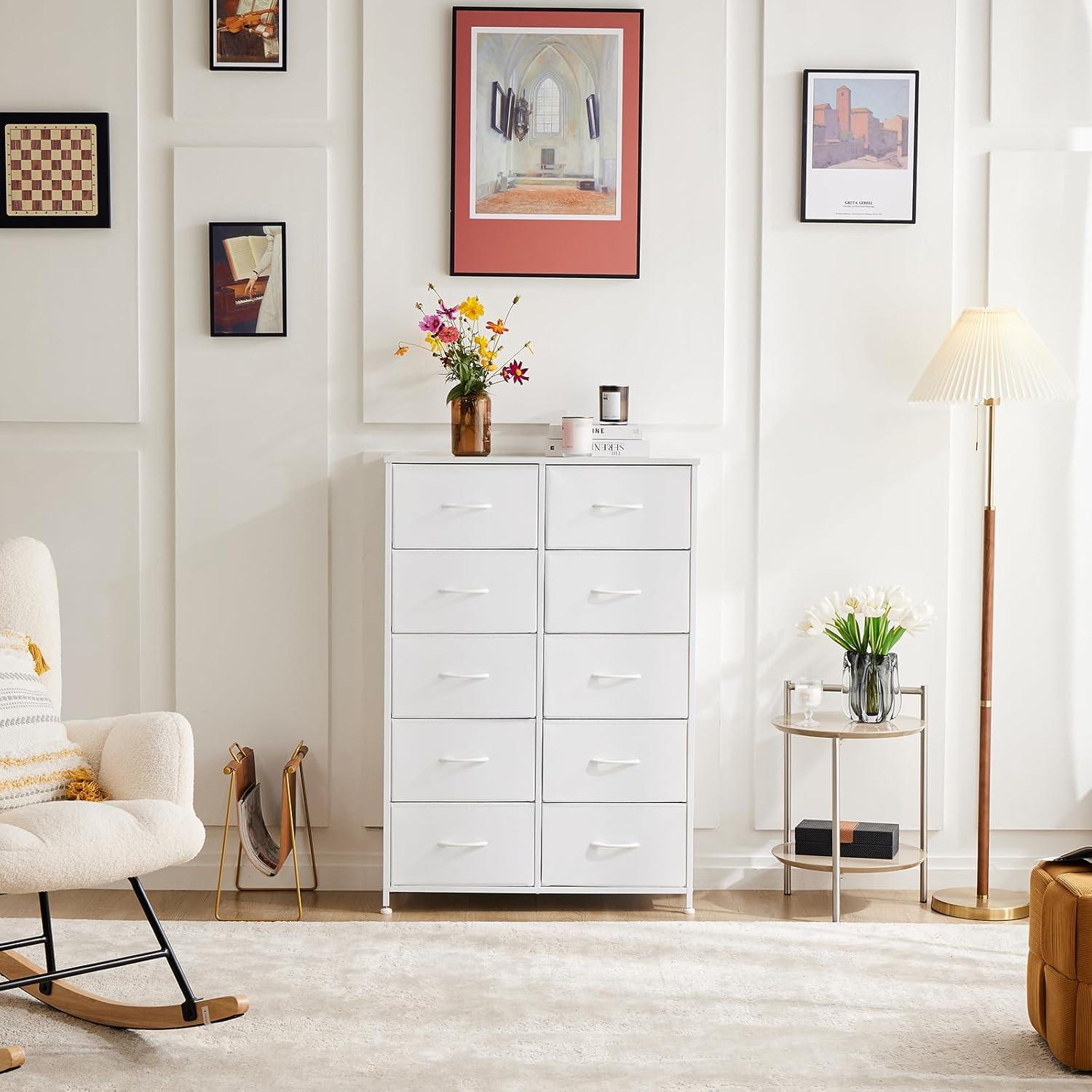 White 10-Drawer Tall Dresser with Steel Frame and Wood Top