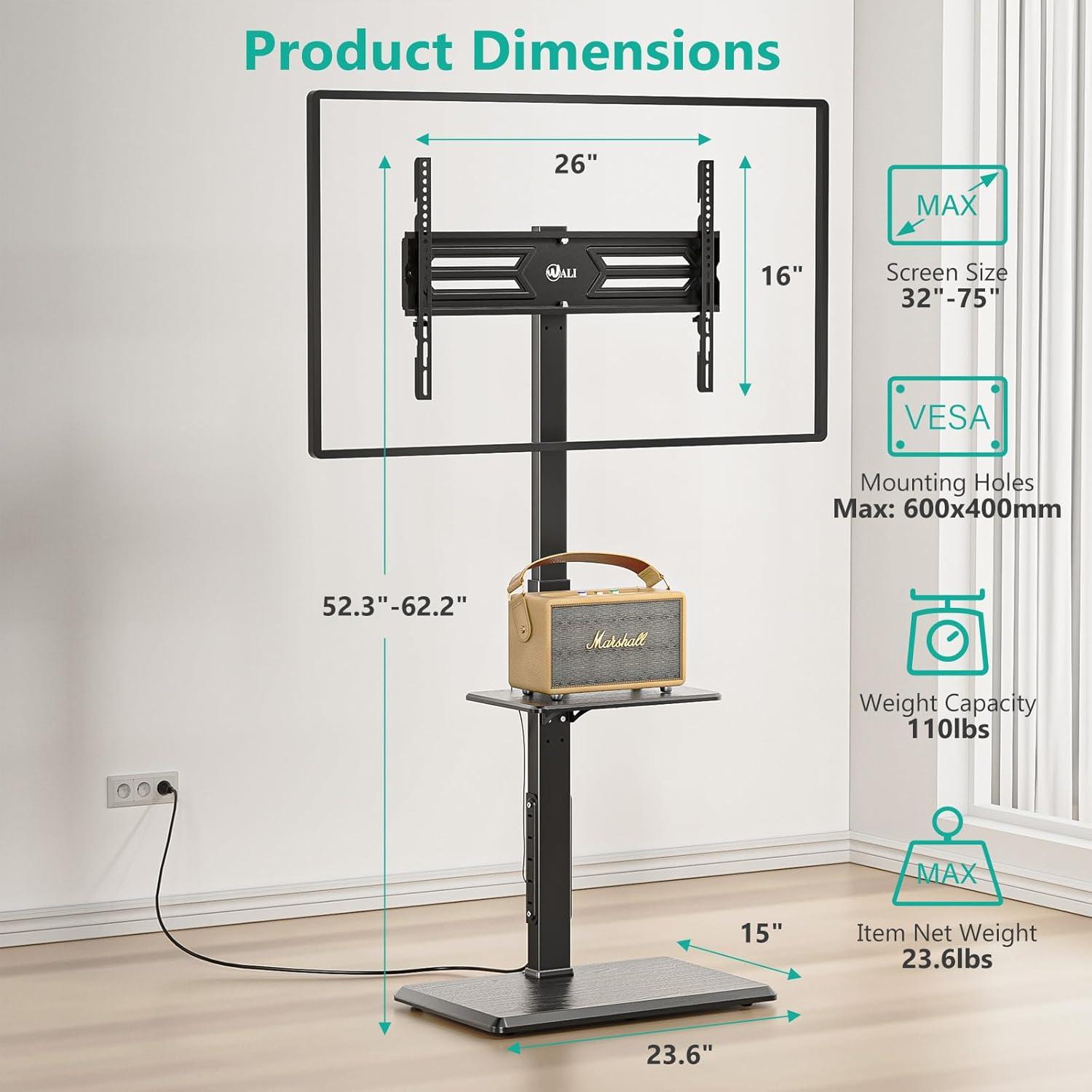 WALI Floor TV Stand with Power Outlet & AV Shelf, Tall TV Stand Mount for 32-75 inch TV up to 110 lbs, Swivel and Height Adjustable TV Stands with Wood Base for Bedroom, Office(TVDVD-6P), Black