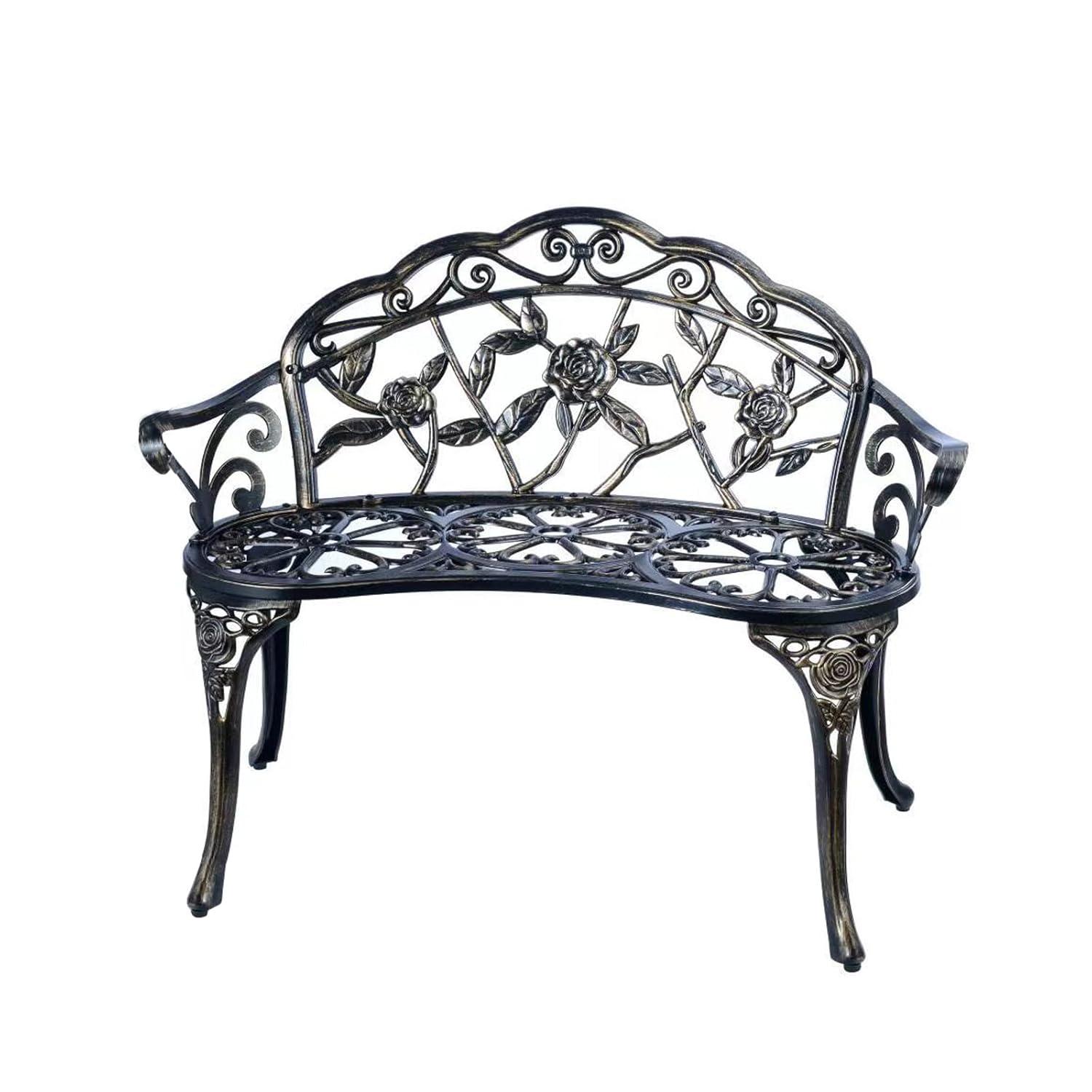 Patio Garden Bench Metal Park Bench Cast Aluminum Outdoor Furniture With Floral Rose,Copper