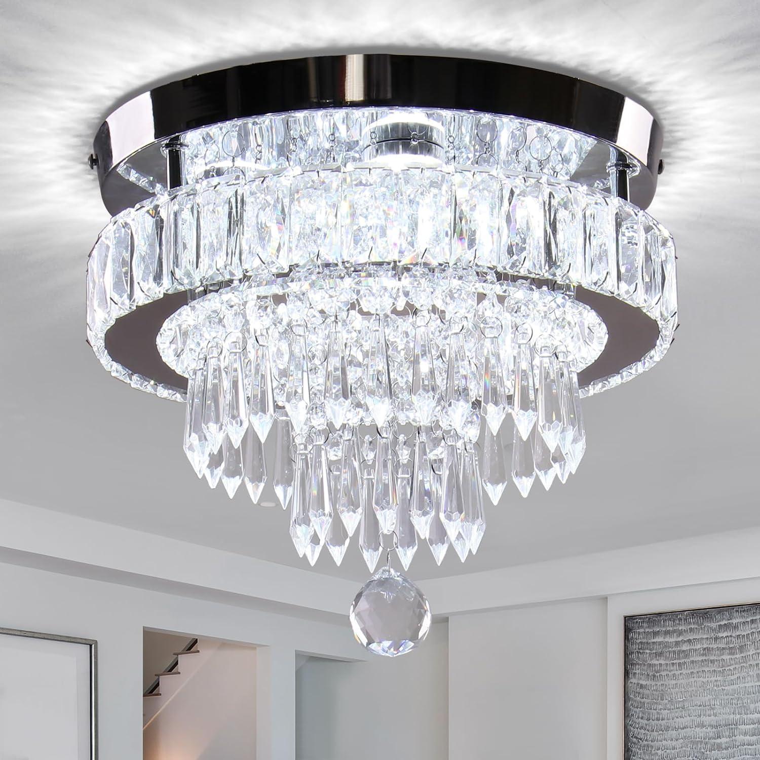 House of Hampton® House of Hampton® 11.8" Crystal Chandeliers Modern Crystal Ceiling Light LED Chandeliers Semi Flush Mount Chandelier Light for Bedrooms Dining Living Room Hallway (6500K Cool White Light)