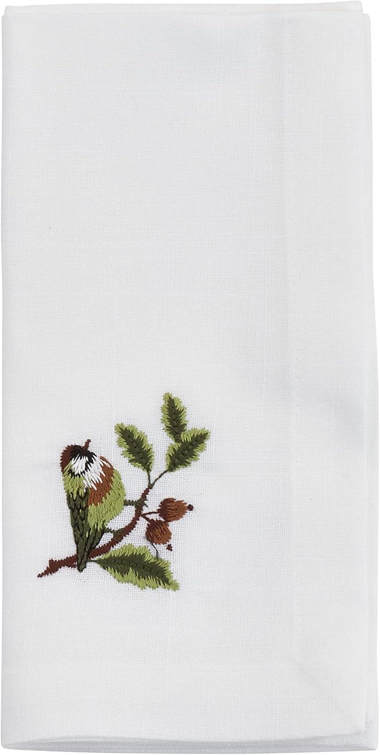 White Polyester Napkins with Embroidered Bluebird Design, Set of 4