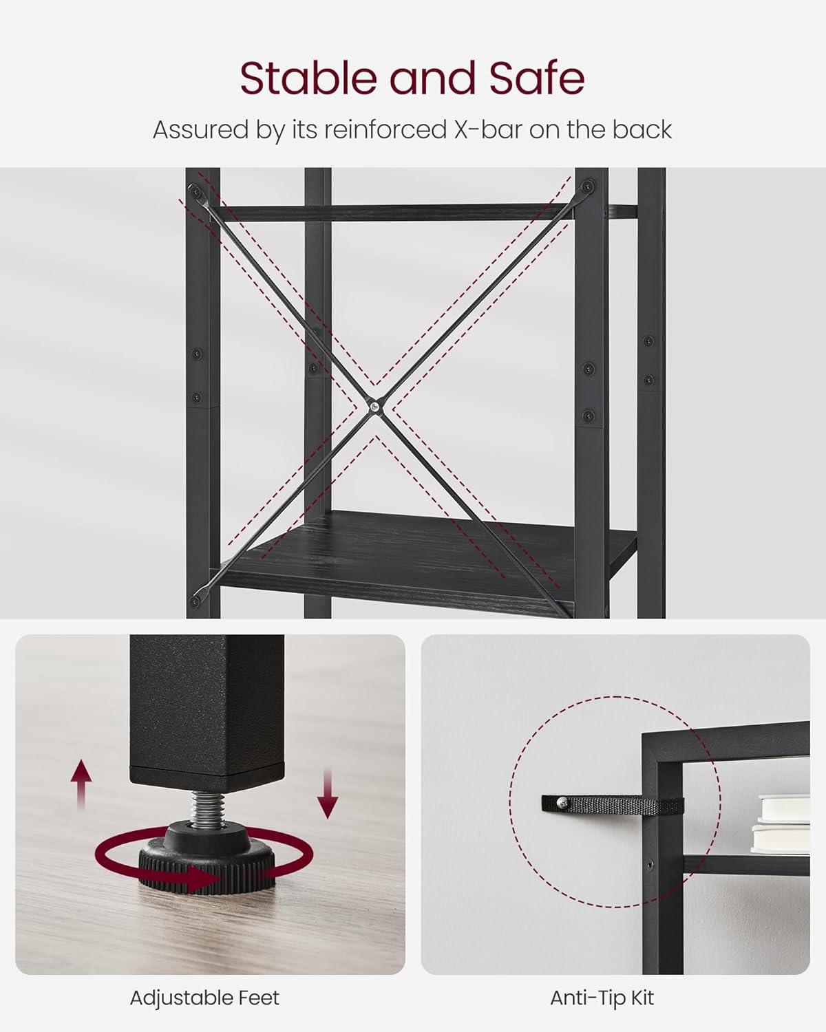 Ebony Black 6-Tier Industrial Tall Bookshelf with Steel Frame