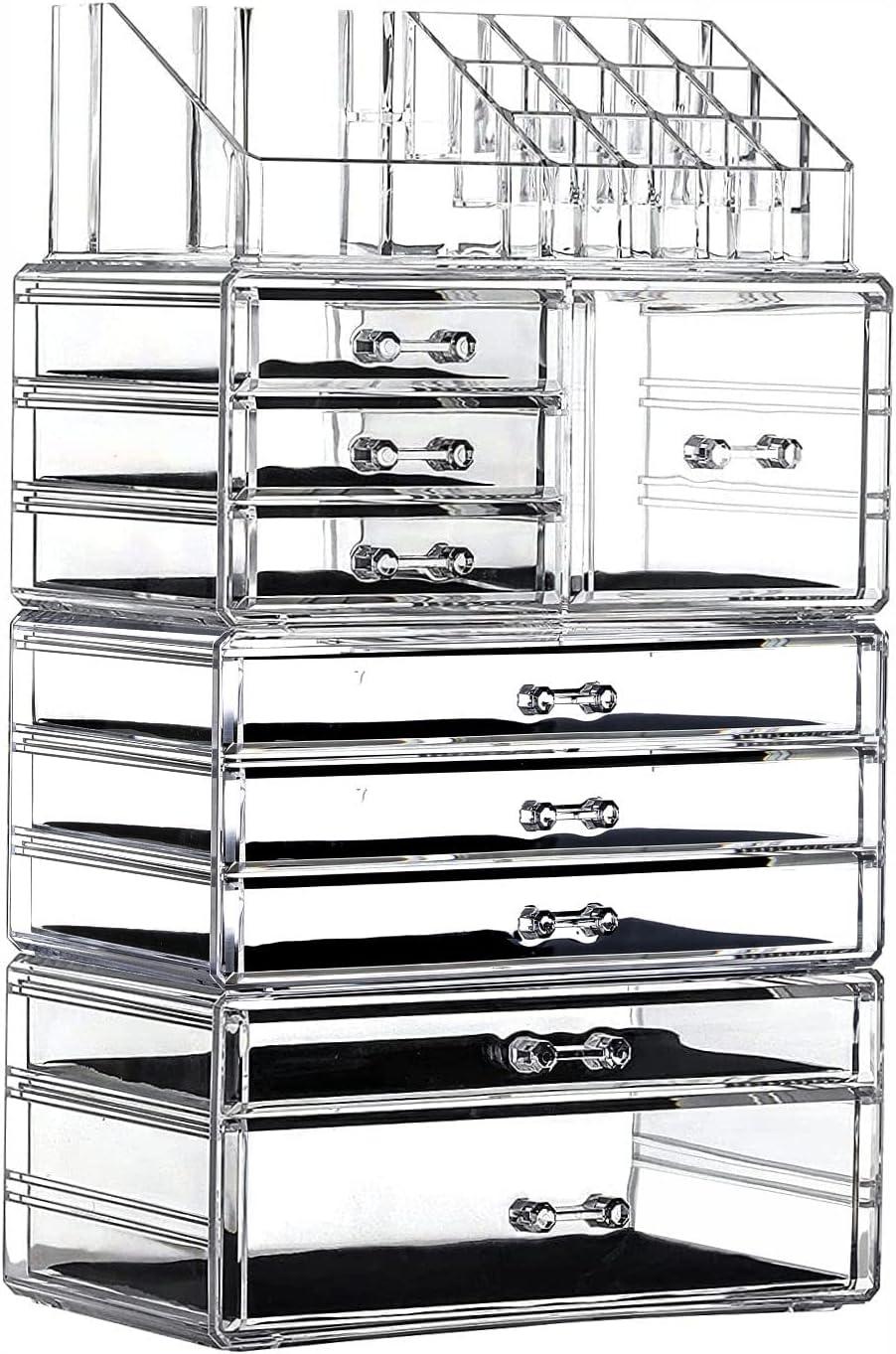 Cq acrylic 4 Pack Clear Make up Organizer Countertop,Stackable 9 Drawers Makeup Storage,Cute Vanity Organizers for dresser Hair Clip,Jewelry,Beauty Product Desk and Bathroom Organizers and Storage