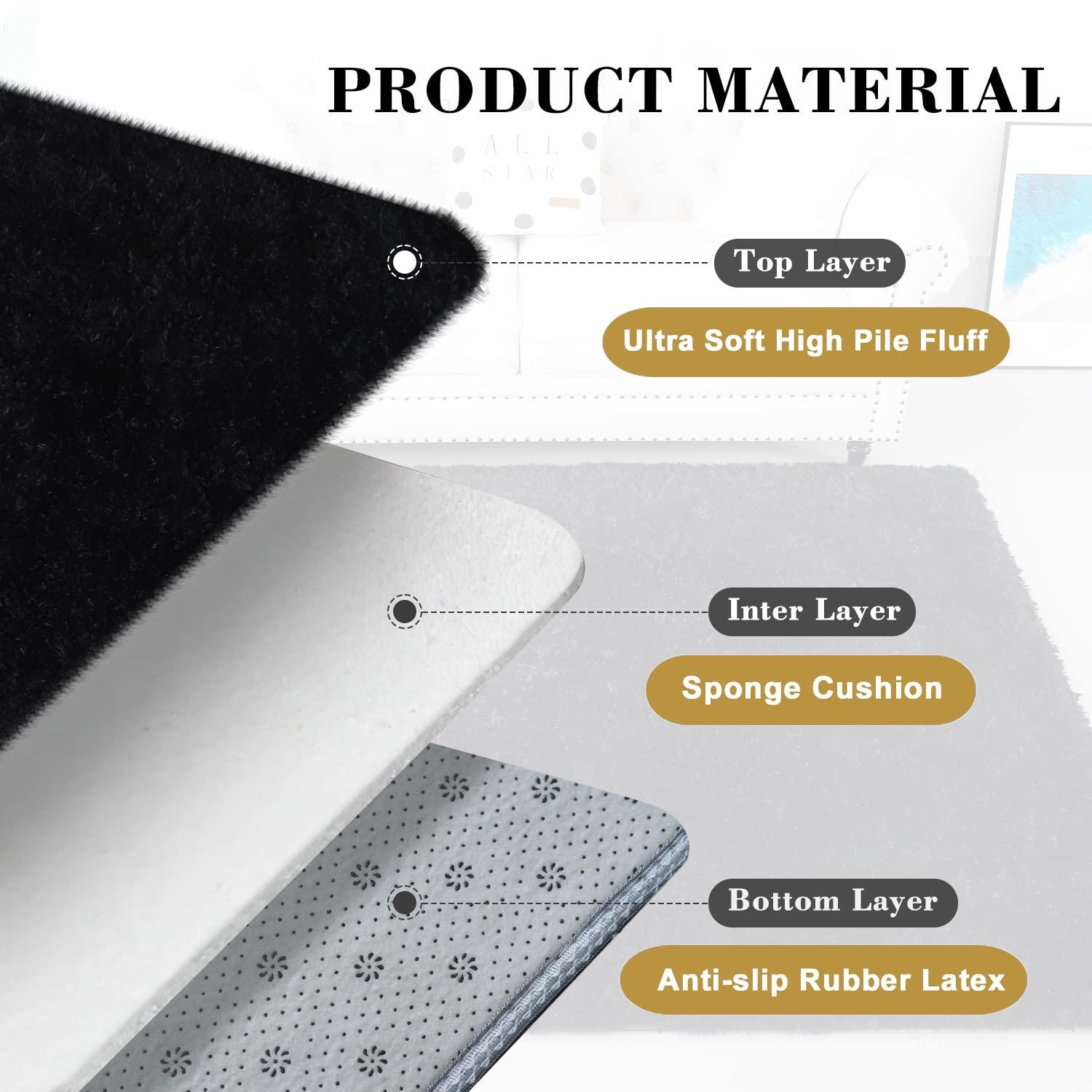 HT Design Rectengular Shag Area Rug, 5x7 Solid Color Low Pile Shag, Easy to clean, Pet Friendly, Soft Nursery Runner Rug for Living Rooms, Bedrooms, Black