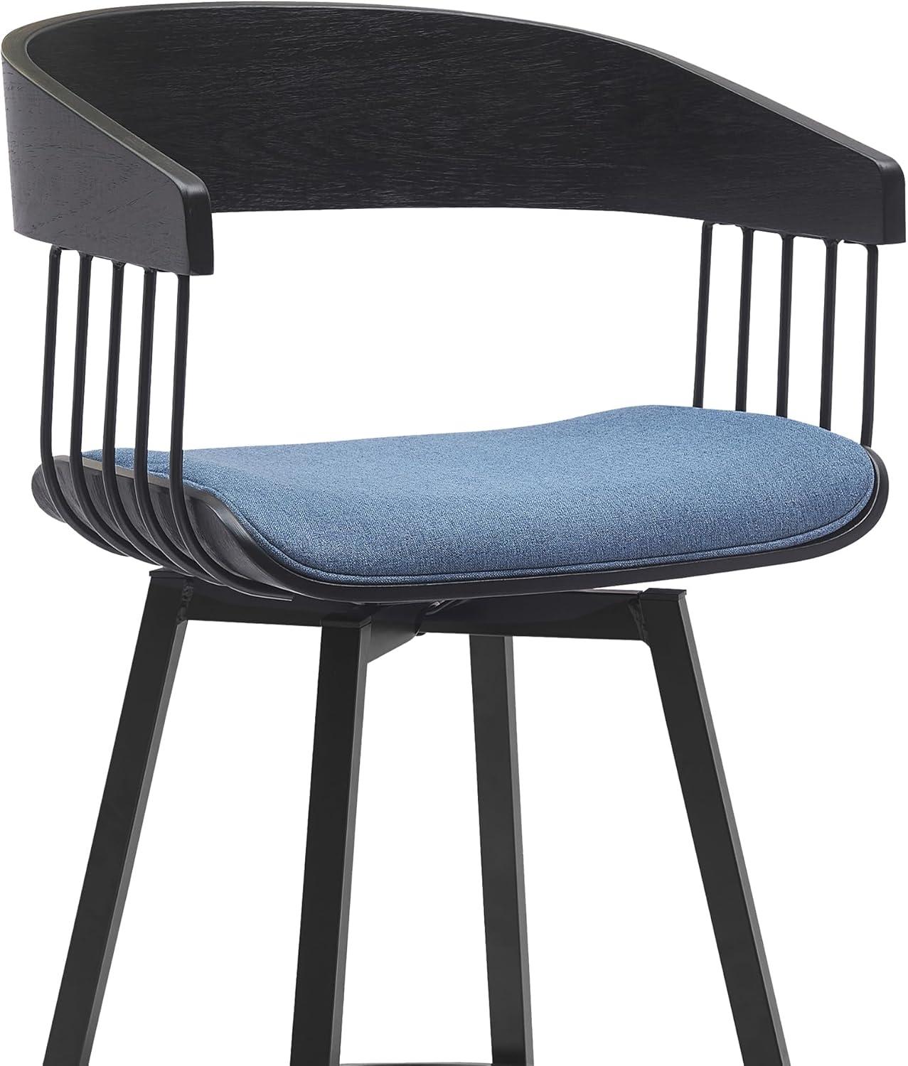 Armen Living Indoor Athena 27" Swivel Black Wood Counter Stool in Blue Fabric with Black Metal