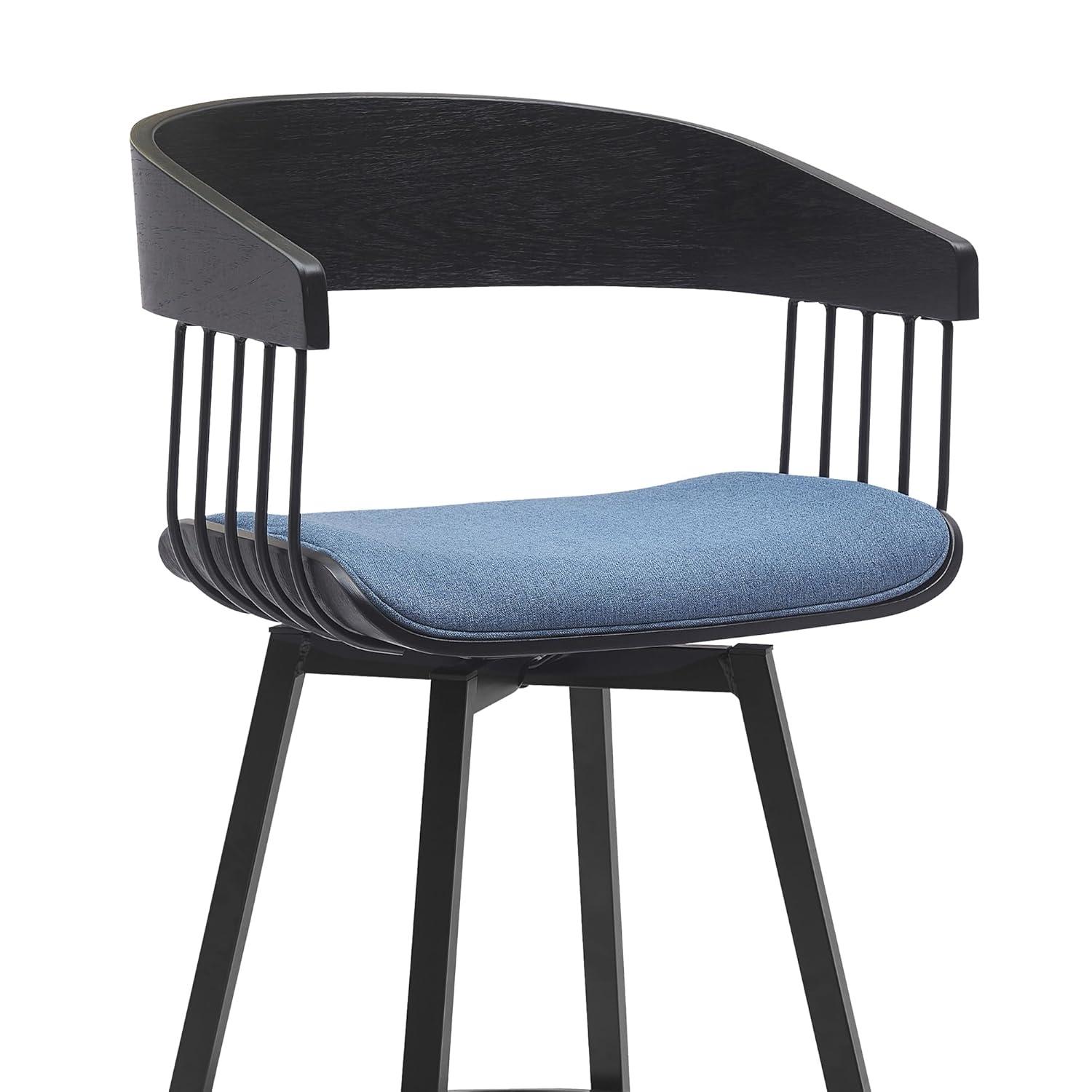 Armen Living Indoor Athena 27" Swivel Black Wood Counter Stool in Blue Fabric with Black Metal