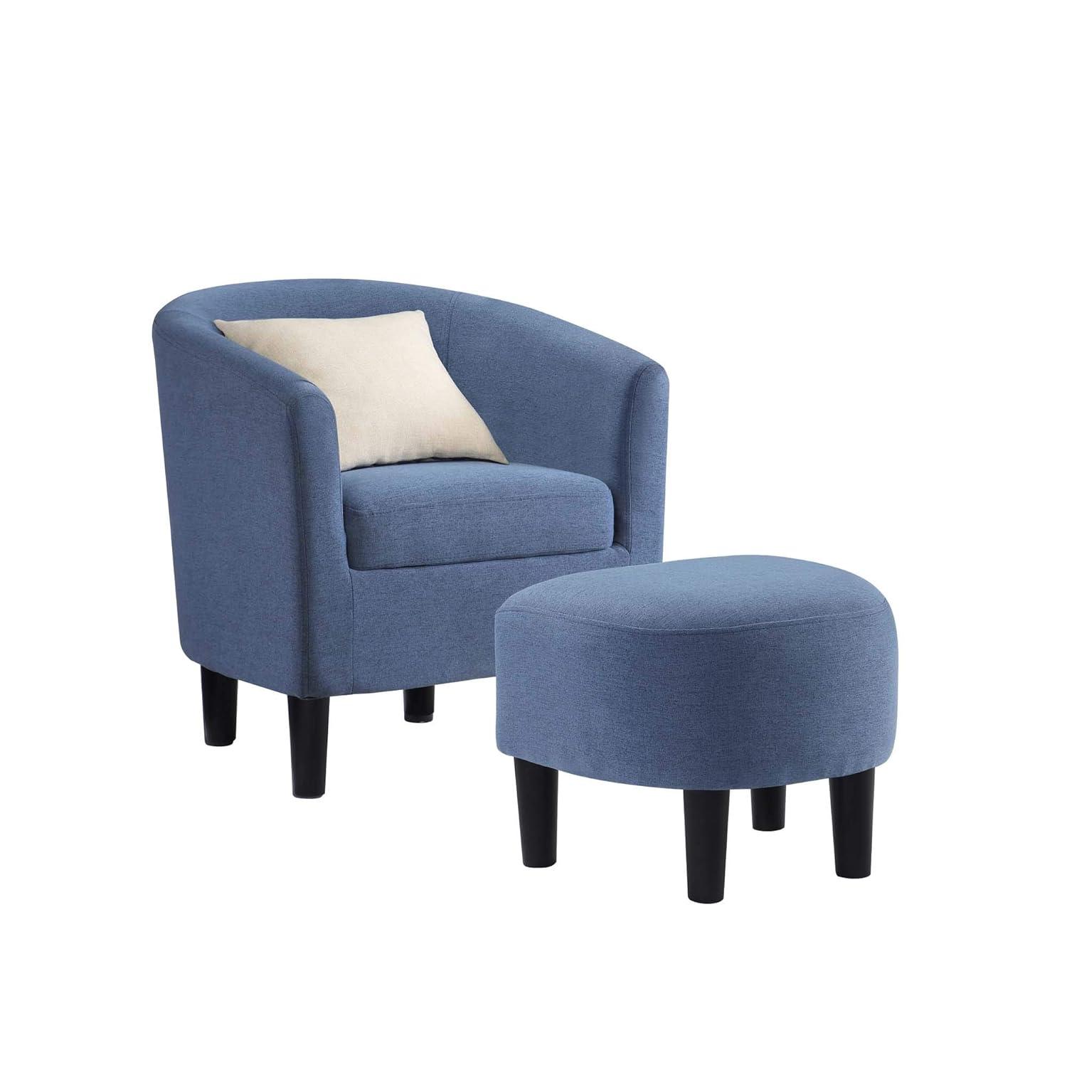 Blue Fabric Barrel Accent Chair with Ottoman