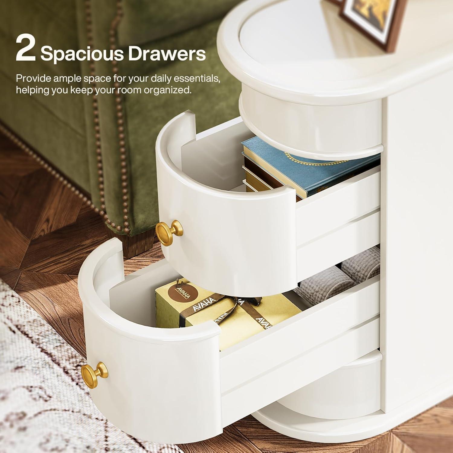 Hommoo Wood Narrow Nightstand with 2 Drawers Off-White