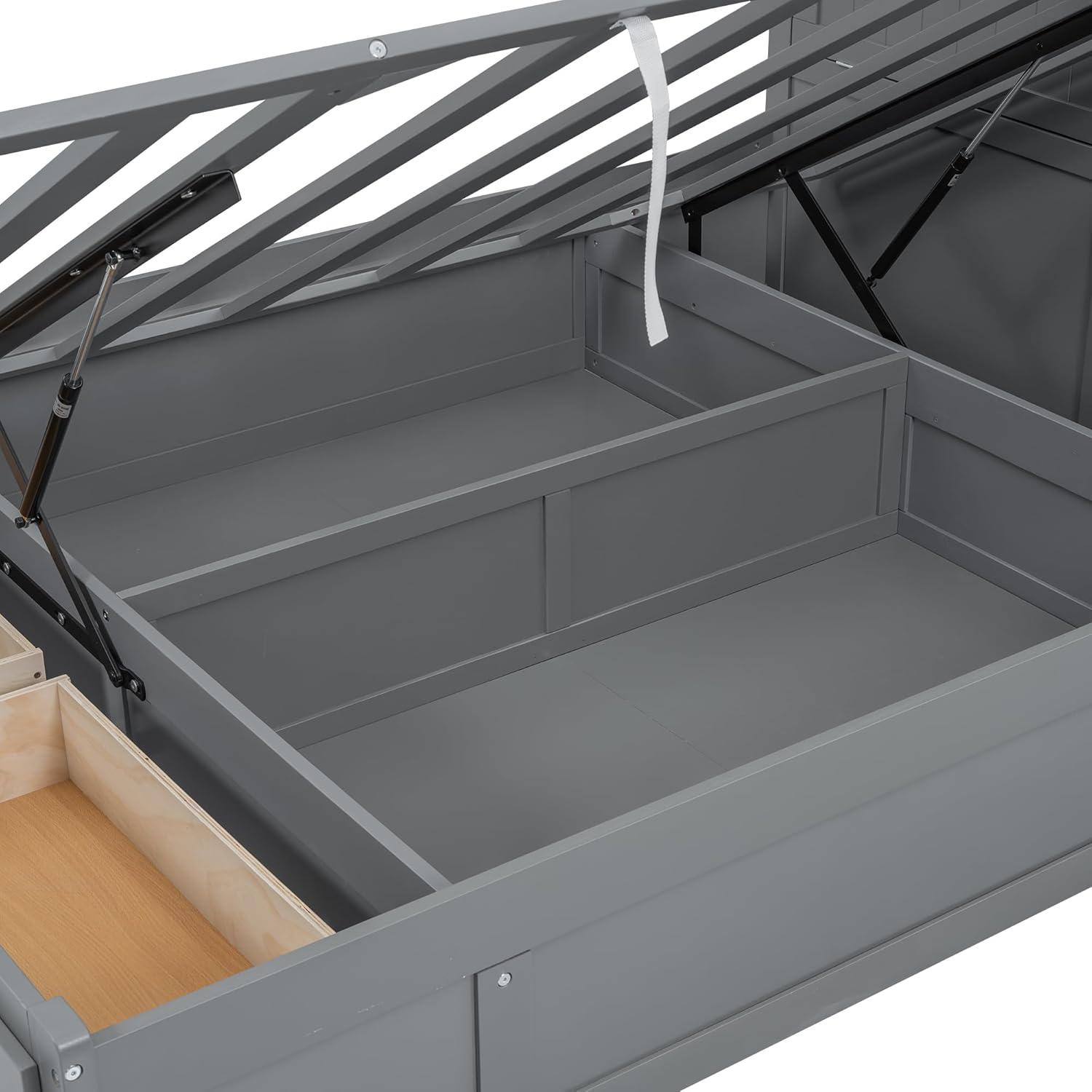 Linique Hydraulic Platform Bed, Wood Full Size Bed Frame with Storage LED Headboard, Built-in Charging Station and 2 Drawers (White)