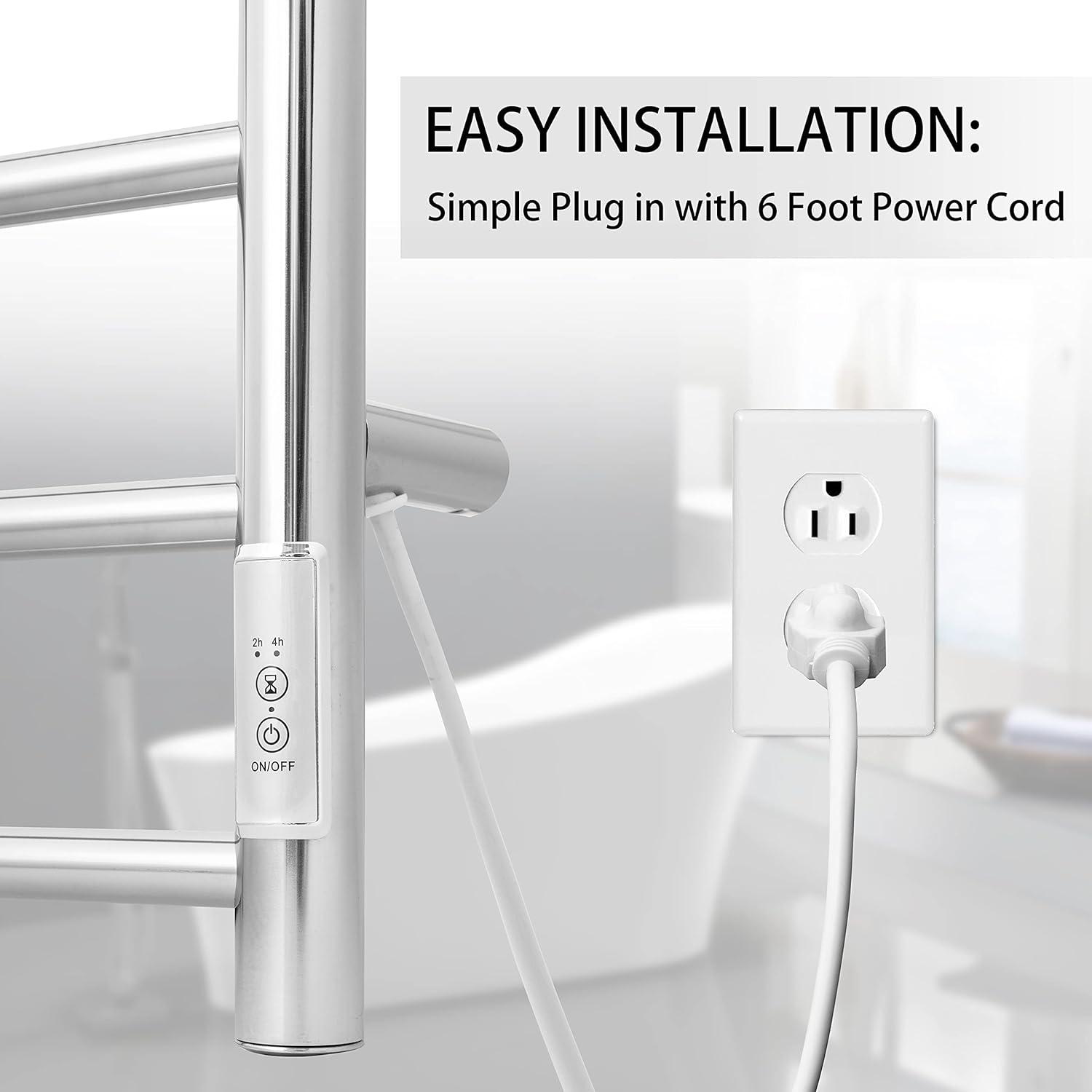 KEG Towel Warmer Wall Mounted with Built-in Timer 4 Bars Electric Stainless Steel Heated Towel Racks for Bathroom, Hot Plug-in Bath Towel Heater Polish Chrome