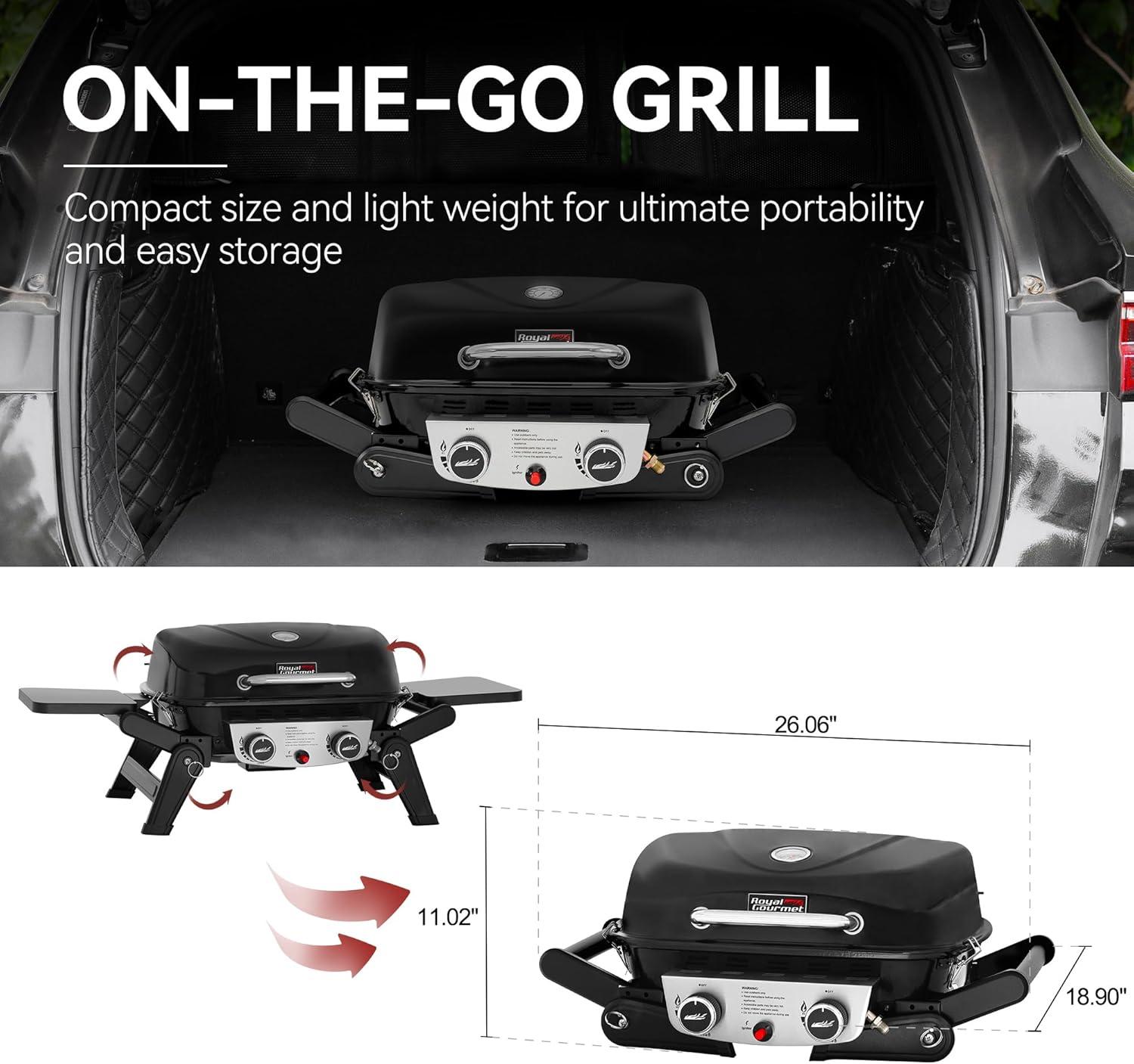 Royal Gourmet 2-Burner Portable Propane Gas Grill, Tabletop Gas Grill for Outdoor Cooking with Foldable Side Tables, Black