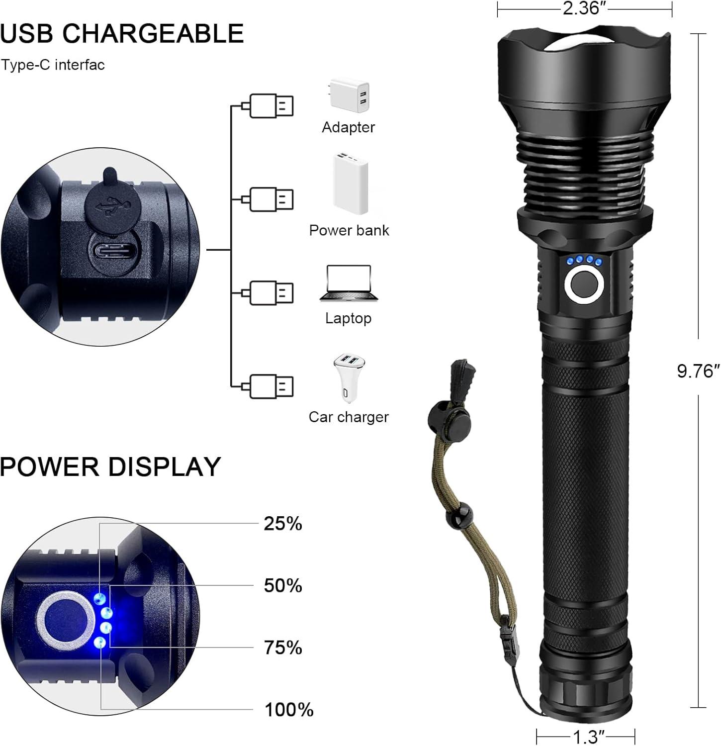 Rechargeable LED Flashlight, High Lumens XHP90.2 Super Bright Tactical Flashlights with Zoomable 10 Modes Waterproof Powerful Flash Light for Camping Emergencies Outdoor Indoor