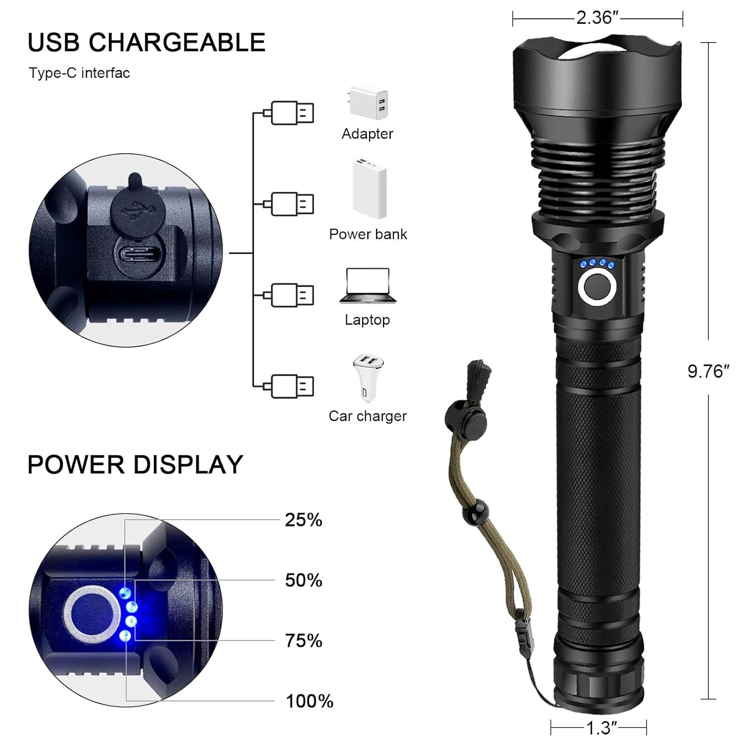 Rechargeable LED Flashlight, High Lumens XHP90.2 Super Bright Tactical Flashlights with Zoomable 10 Modes Waterproof Powerful Flash Light for Camping Emergencies Outdoor Indoor