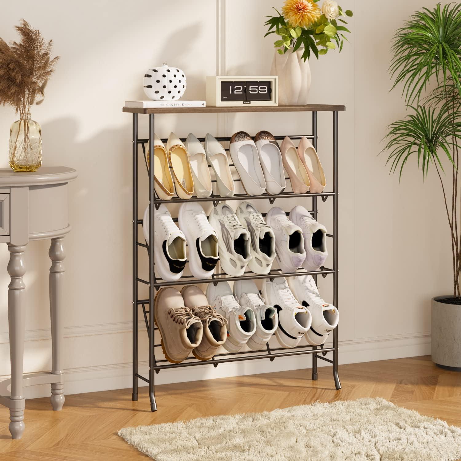 Narrow 4-Tier Black Metal Shoe Rack with Wood Top