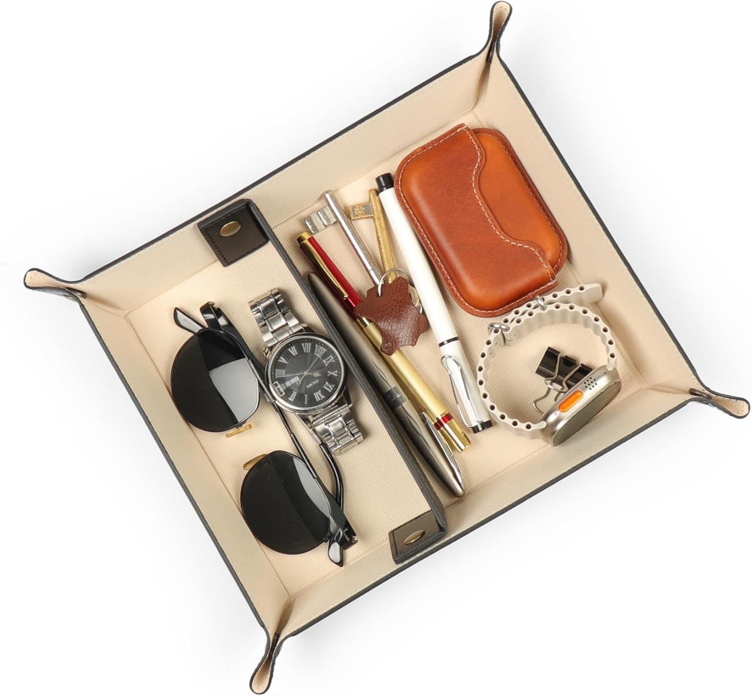 Londo Leather Tray Organizer, Practical Storage Box for Wallets, Watches, Keys, Coins, Cell Phones and Office Equipment