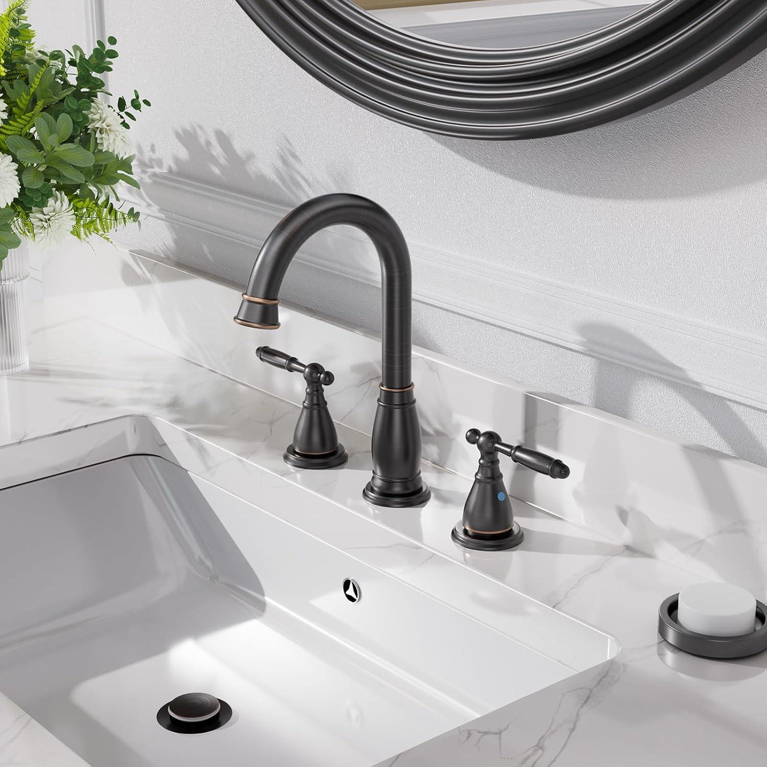 8 in. 2-Handle 3-Hole Widespread Bathroom Faucets with Valve and Metal Pop-Up Drain in Oil Rubbed Bronze