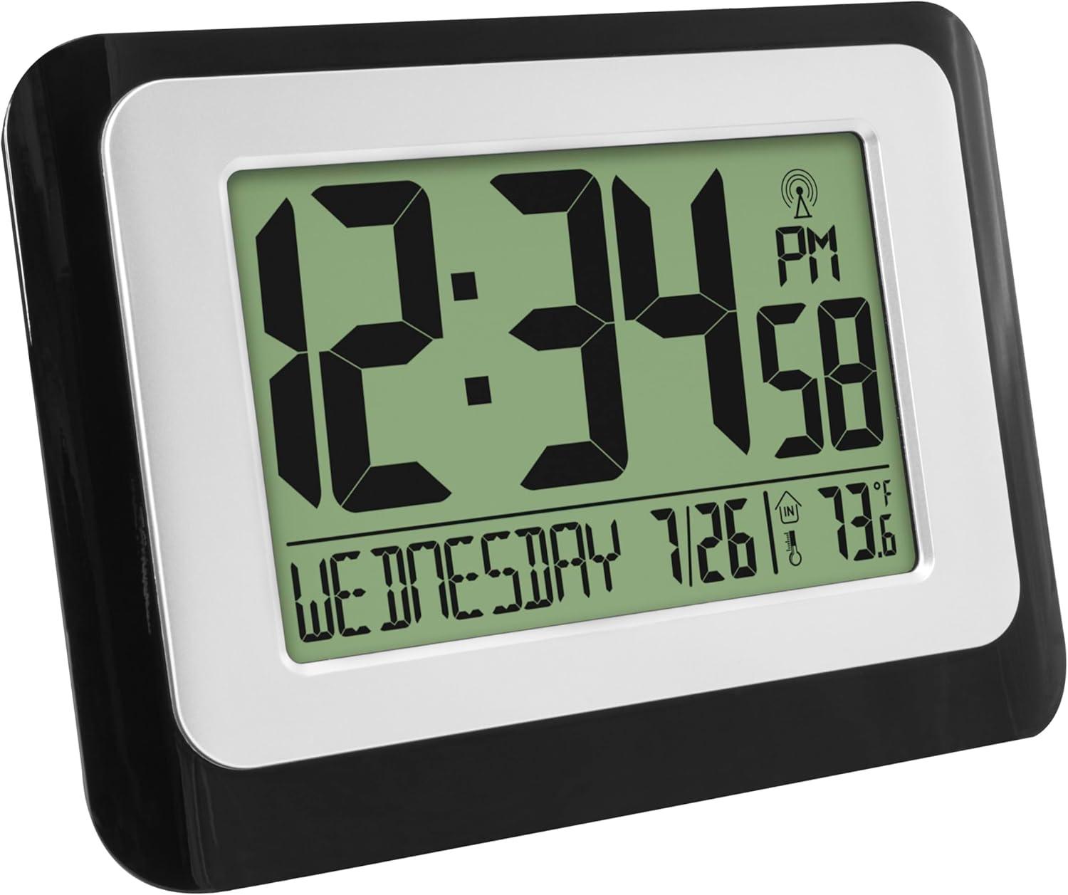 Black and Silver Digital Atomic Wall Clock with Temperature Display