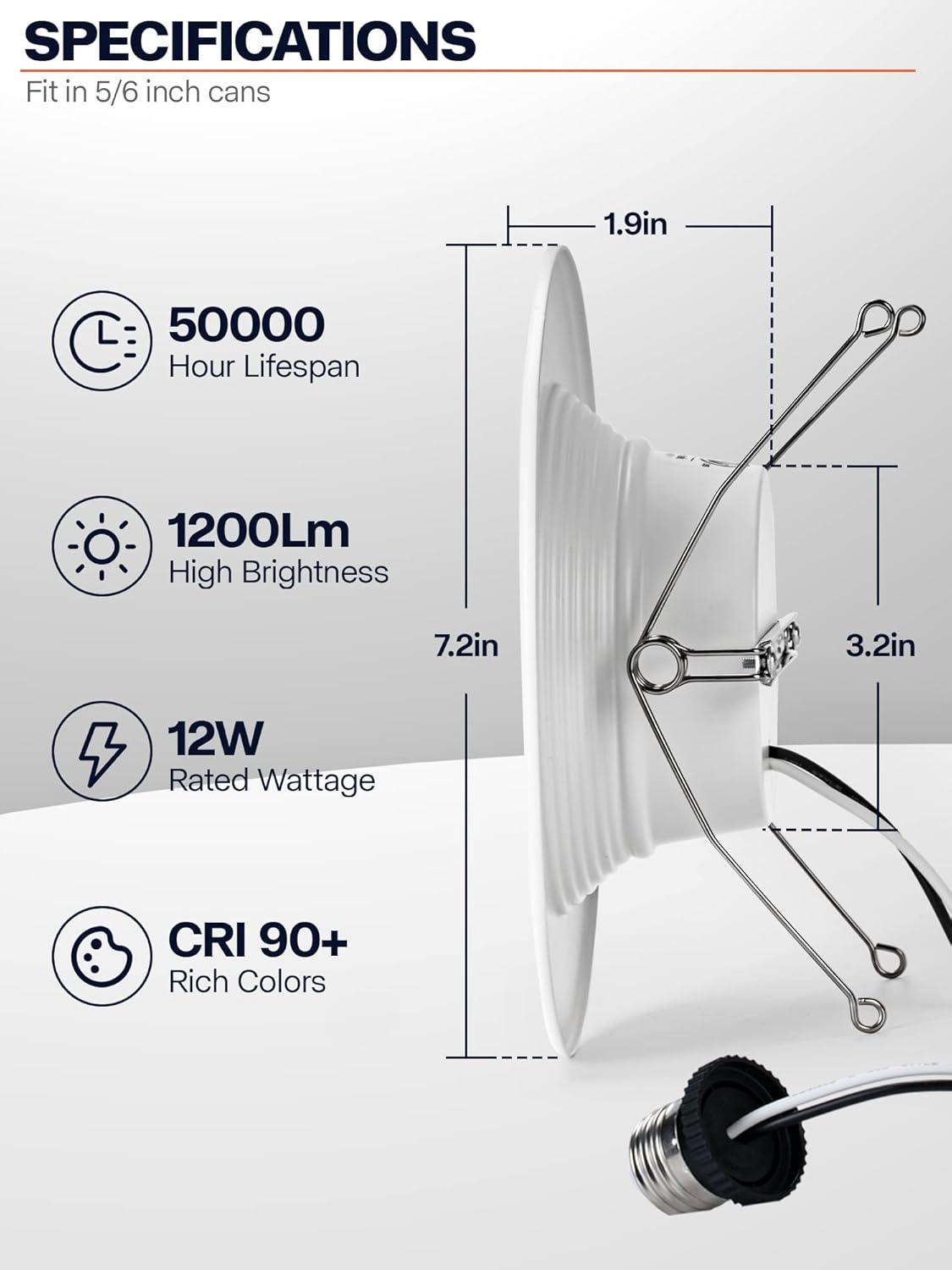 1 Pack 5/6 Inch LED Can Lights Retrofit Recessed Lighting, 5CCT 6 Inch Recessed Lights Selectable 2700K-6000K Dimmable, 12W=75W, 1200LM Downlight with Metal Smooth Trim-ETL and Energy Star Certified