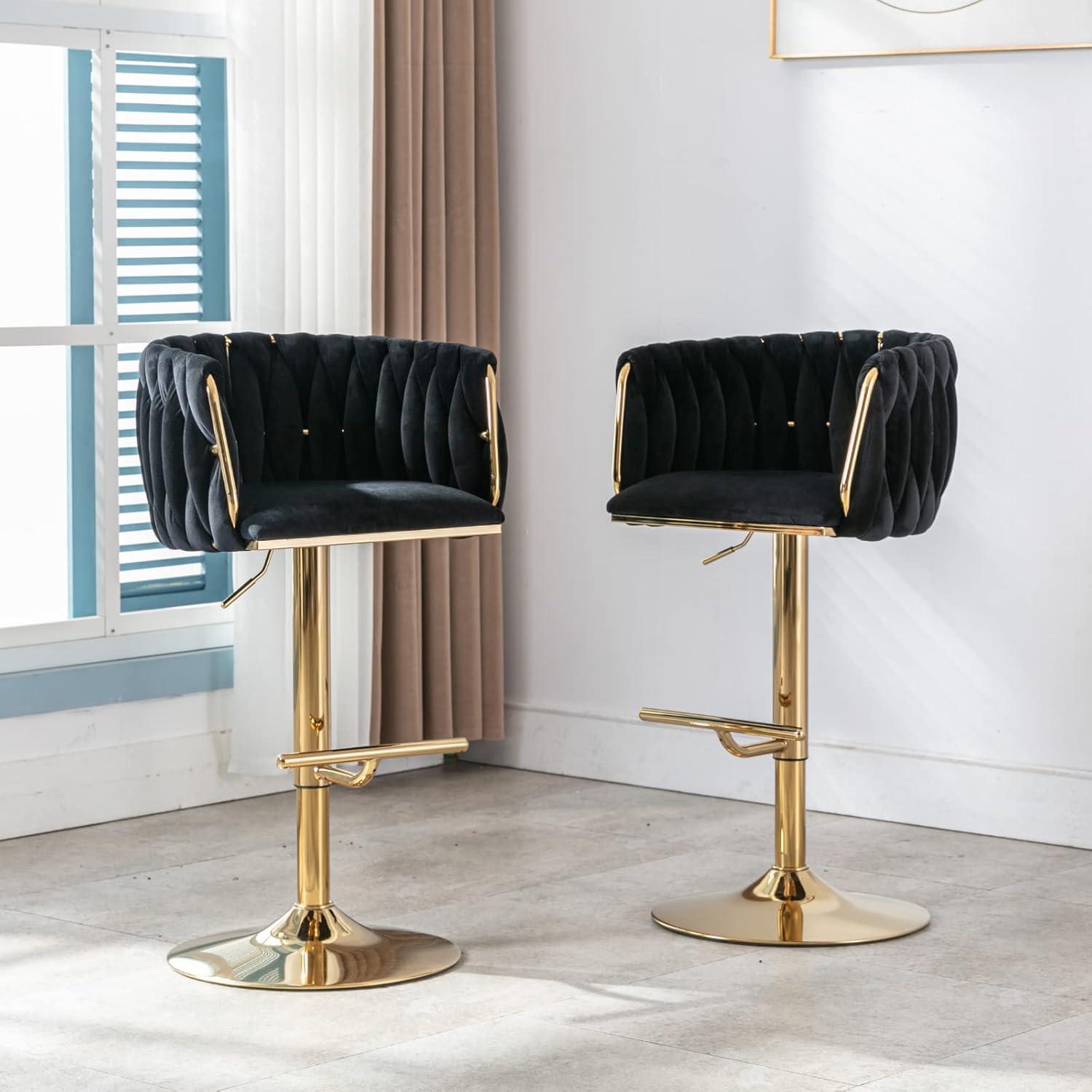 Velvet Bar Stools Set of 2, Counter Height Bar Stools with Low Back, Gold Swivel Barstools for Kitchen Island, Bar Pub (Grey)