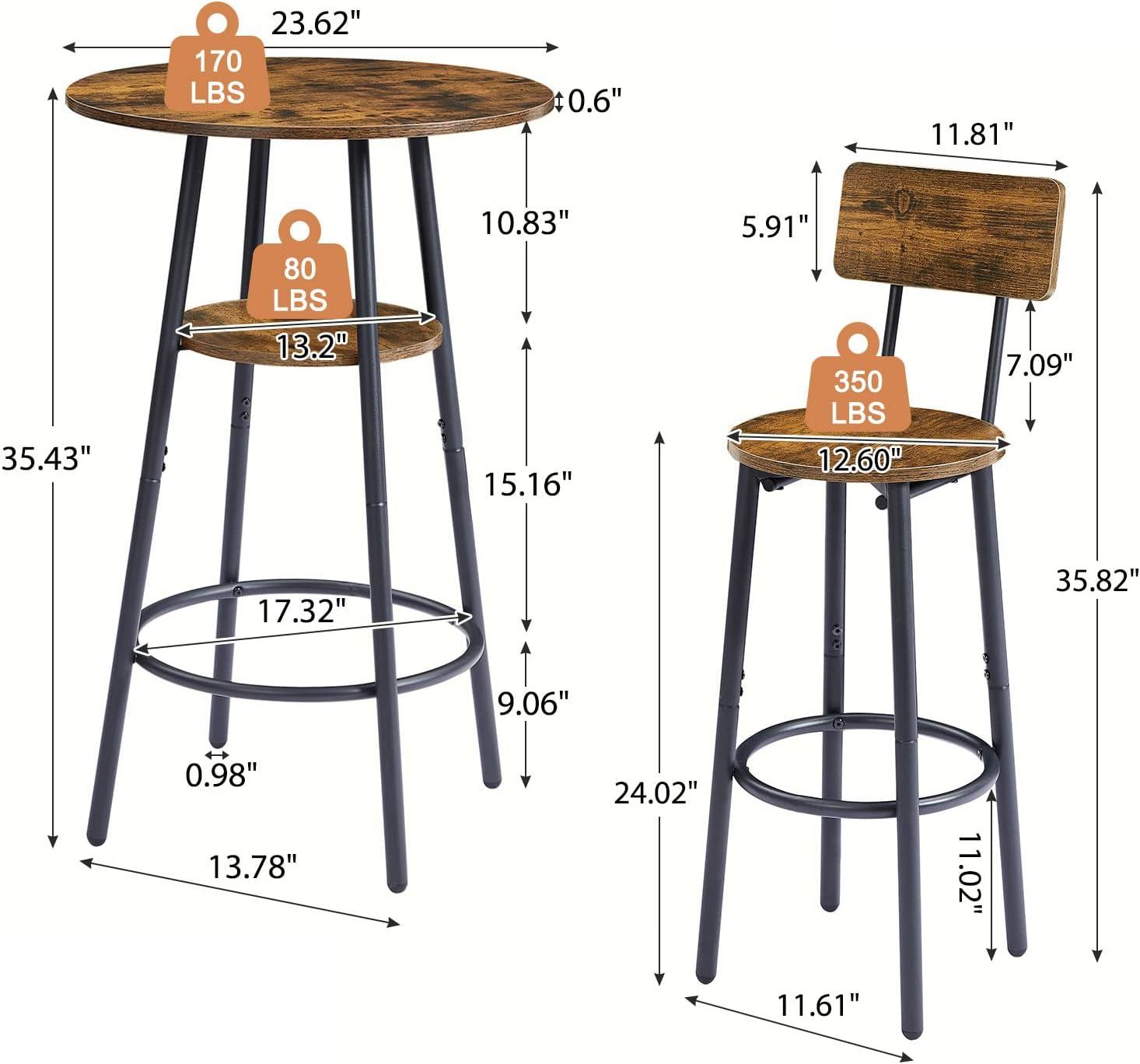 Rustic Brown and Black Metal 3-Piece Pub Table Set with Storage Shelf