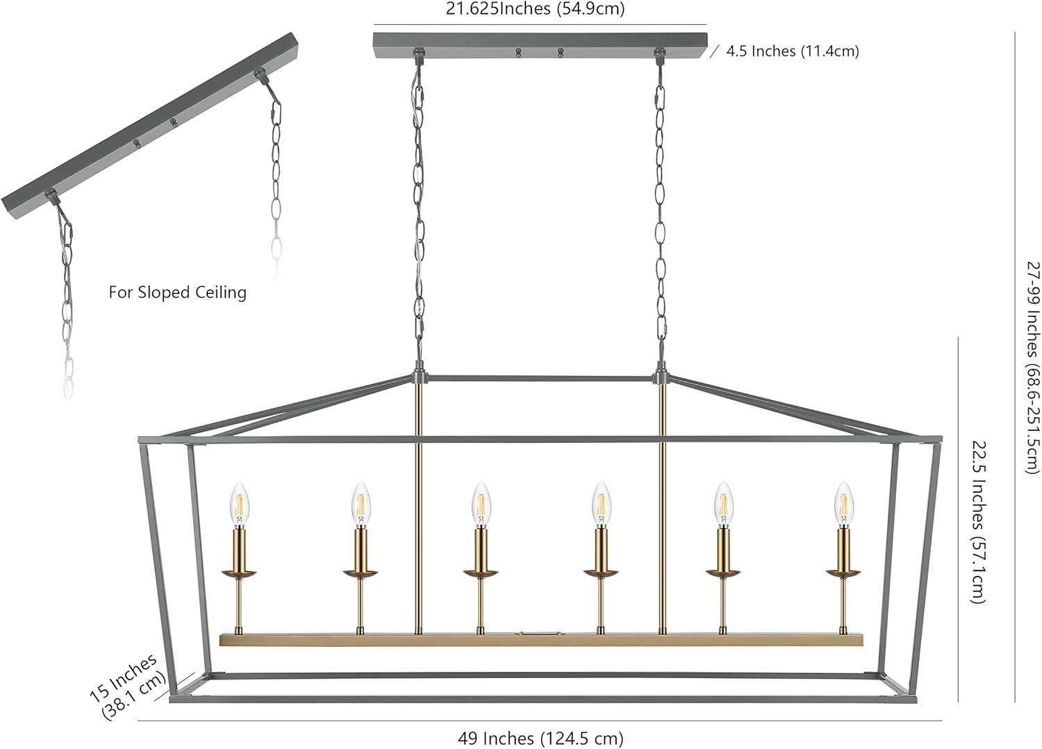 Pagoda 49" Linear 6-Bulb Classic Traditional Metal LED Pendant, Gray/Brass Gold