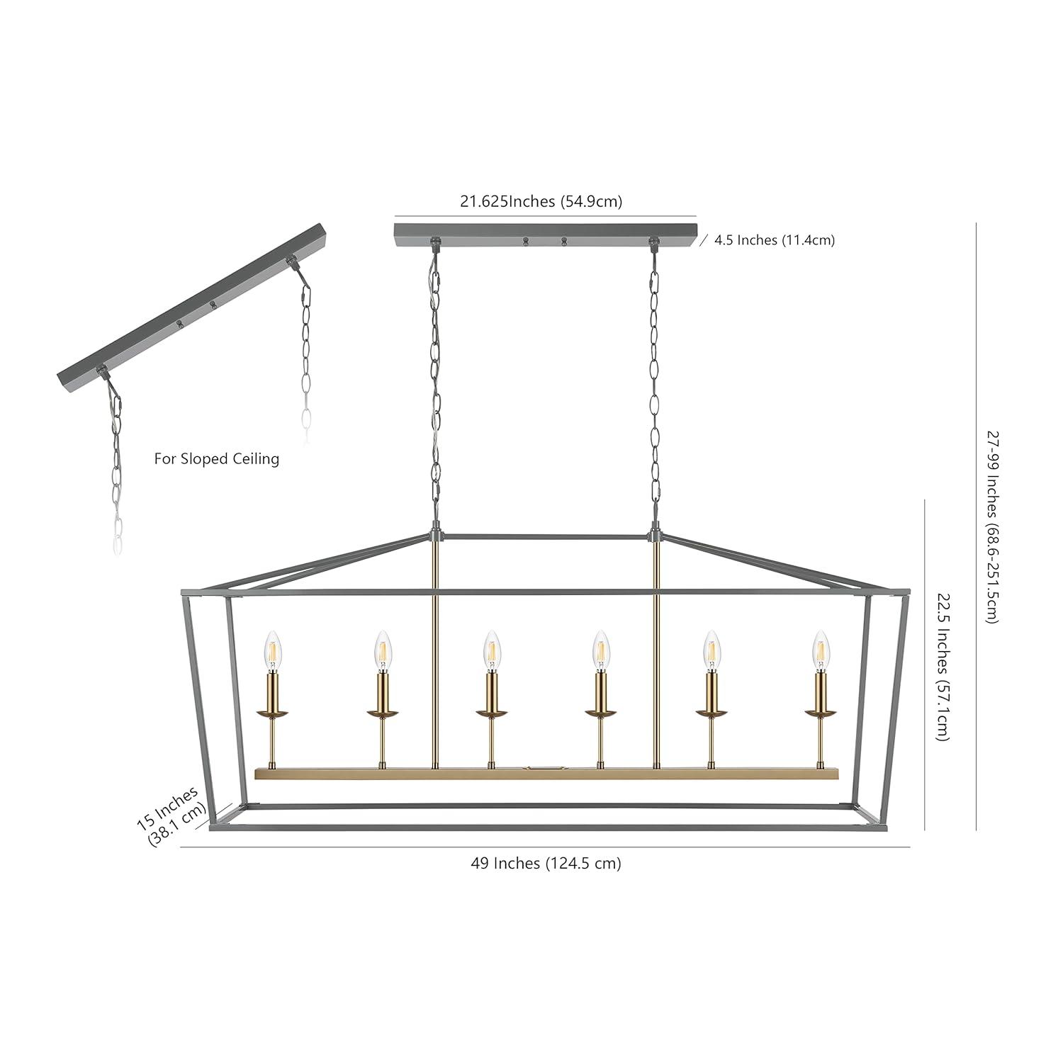 Pagoda 49" Linear 6-Bulb Classic Traditional Metal LED Pendant, Gray/Brass Gold