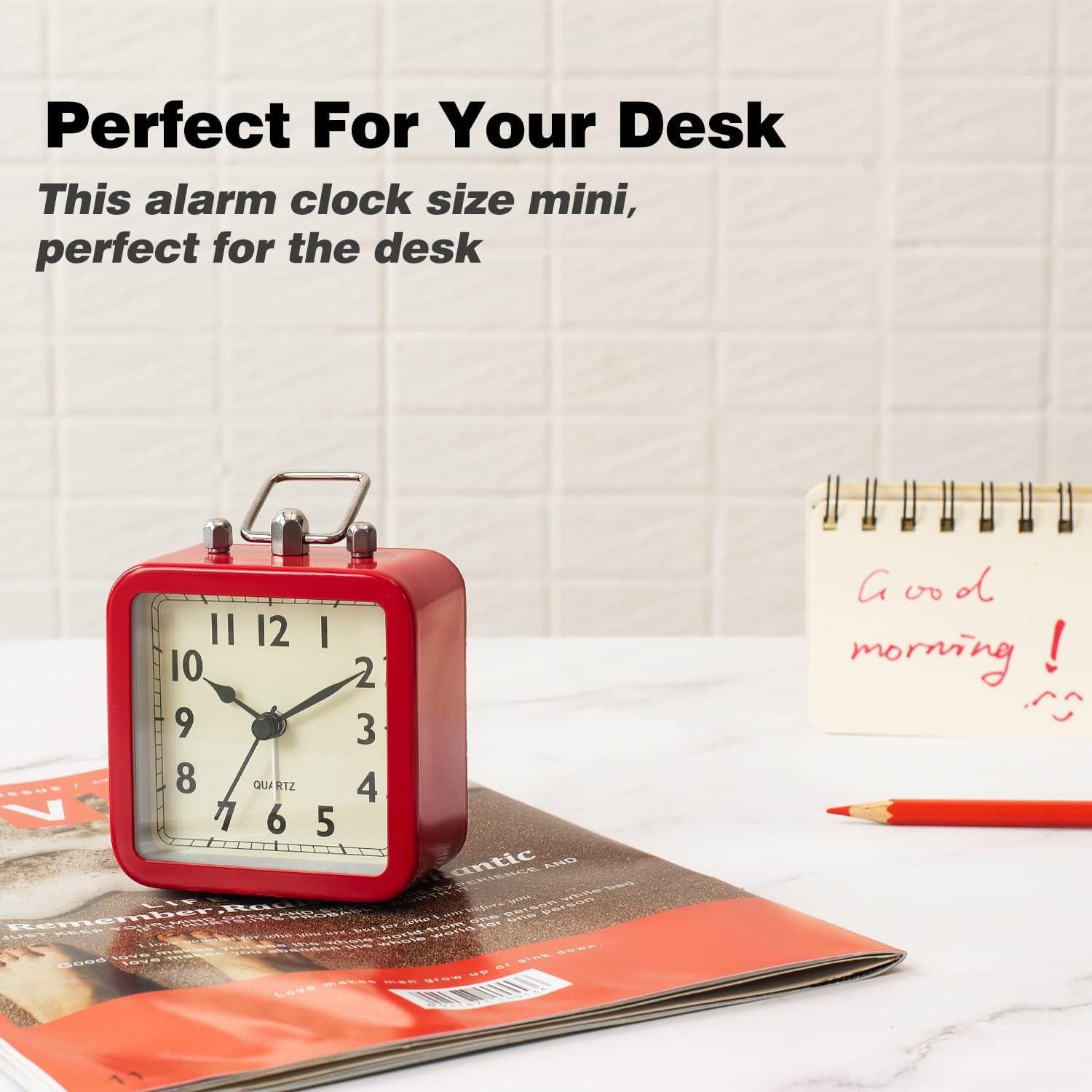 Alarm Clock with Square Metal Case, Non Ticking Battery Operated Small Square Clock for Bedside Desk Table Living Room