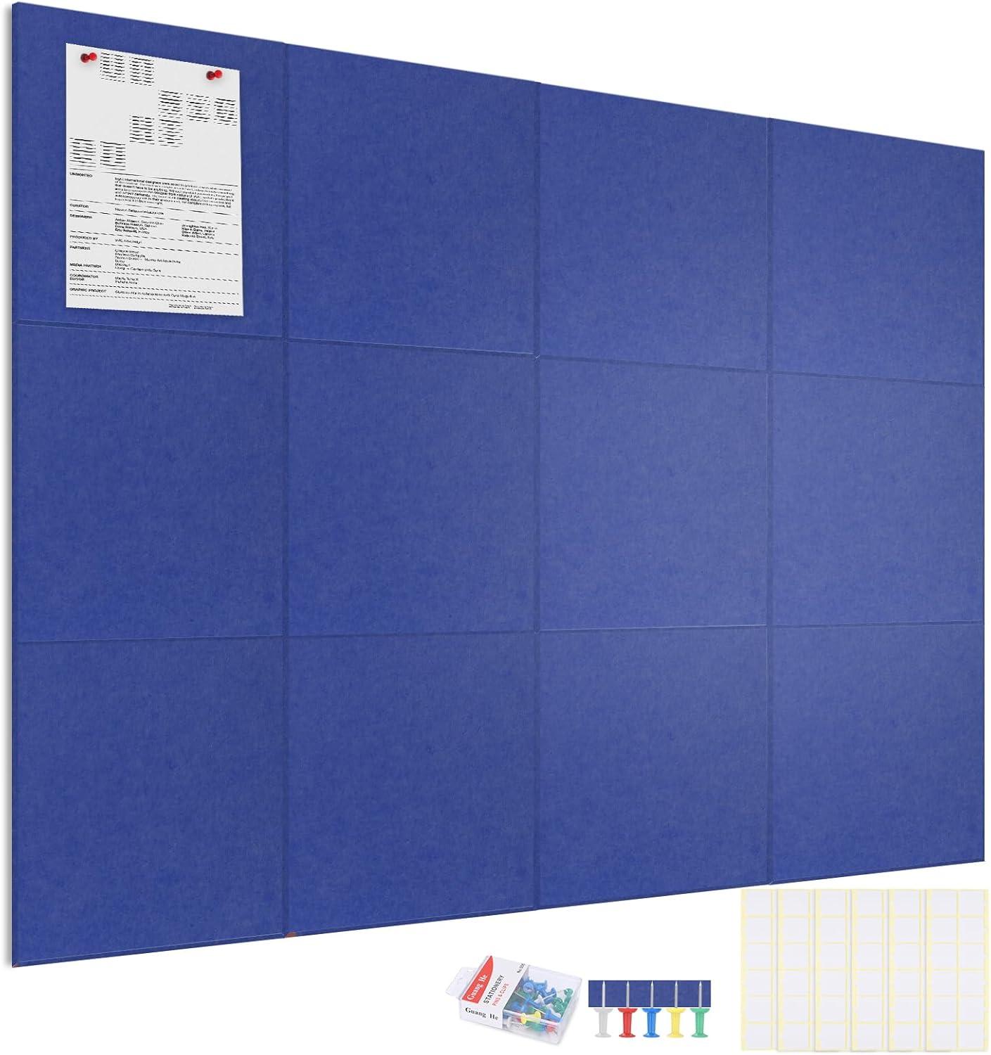 Large Cork Board Alternative 48" x 36", Black Bulletin Board, 12 Pack Felt Wall Tiles With 50 Pushpins, Pin Board Tack Board for Office (Dark Blue)