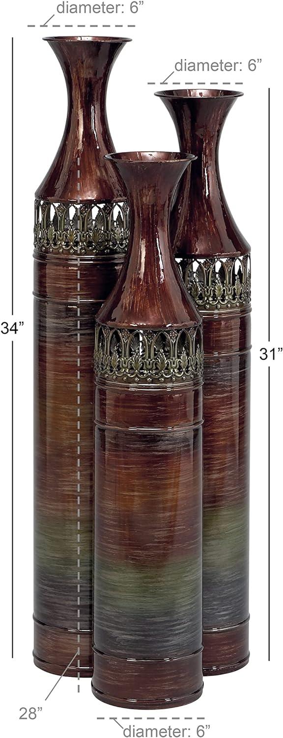 DecMode 34", 31", 28"H Tall Ombre Bronze Metal Vase with Laser Cut Antefix Design, Set of 3