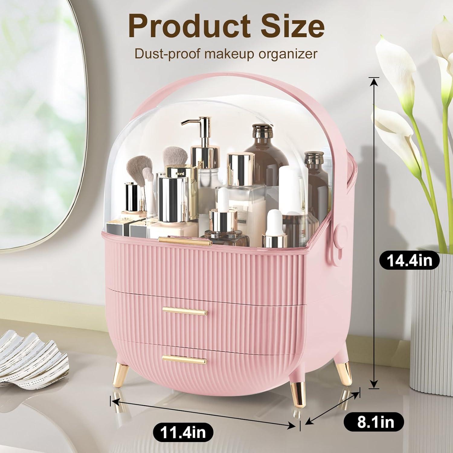 Rebrilliant Makeup Organizers And Storage, Make Up Organizer For Vanity Cosmetics Skincare Organizers With Lid And Drawers Display Cases For Countertop(Pink)