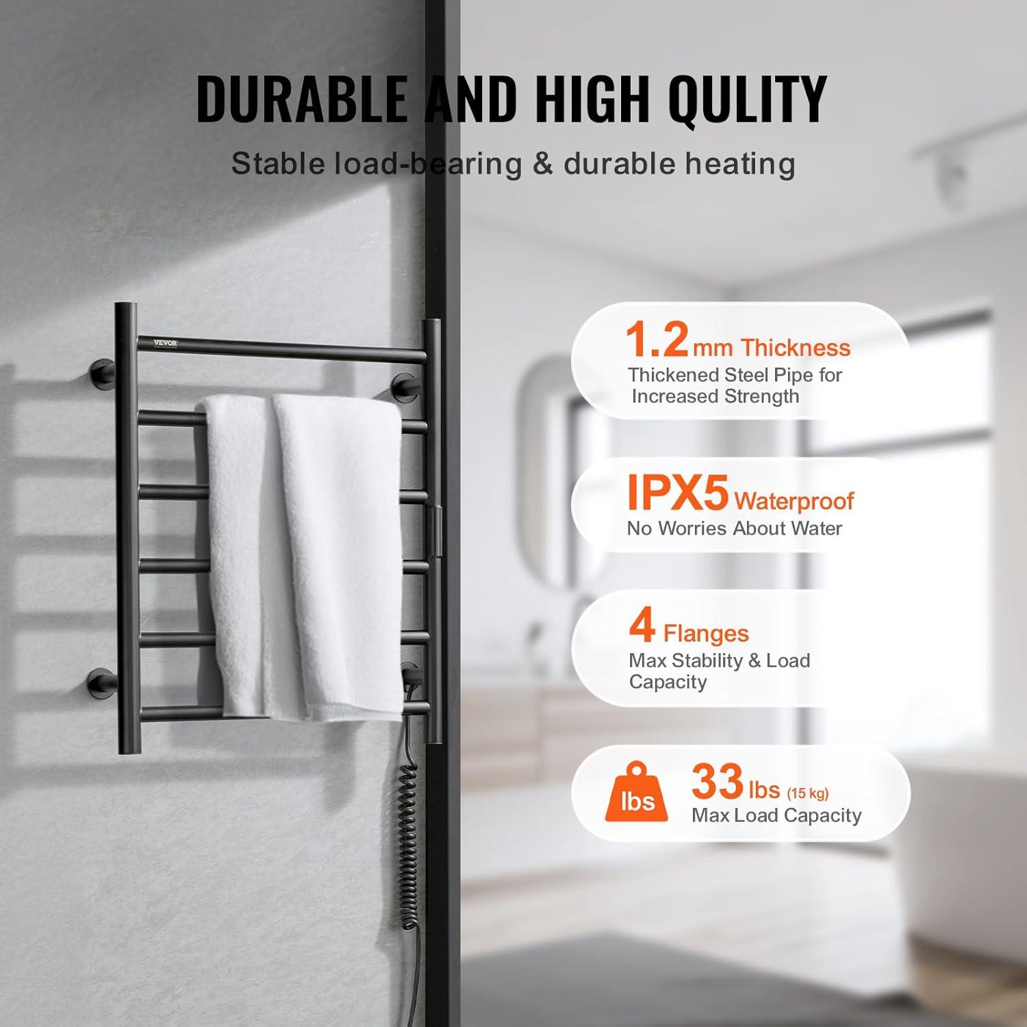 VEVOR 6 Bars Towel Warmer Rack, Wall Mounted Heated Towel Rack for Bathroom, IPX5 Waterpoof Towel Heater Rack with Timer & Display Screen, Black