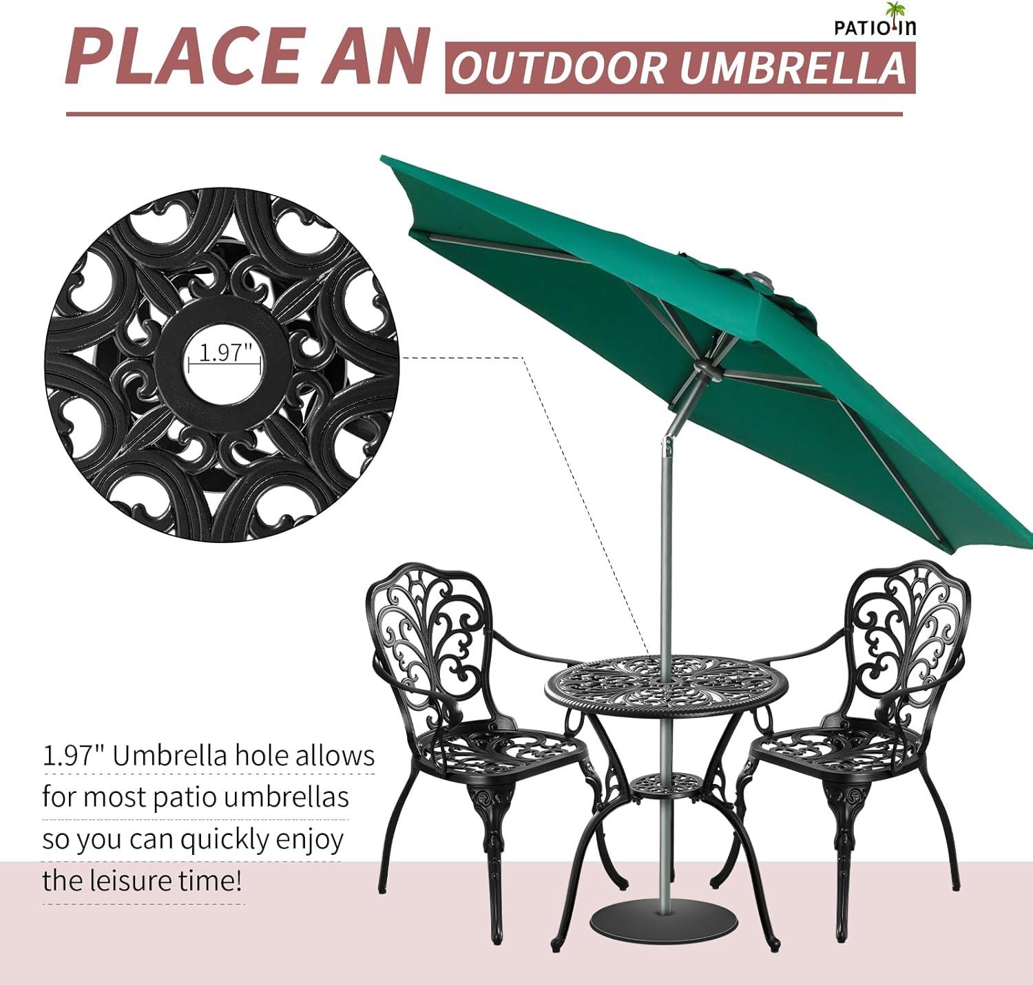 PATIO-IN 3 Piece Bistro Set Cast Aluminum Bistro Table and Chairs Set of 2 with Umbrella Hole,Patio Furniture Sets for Front Porch,Garden