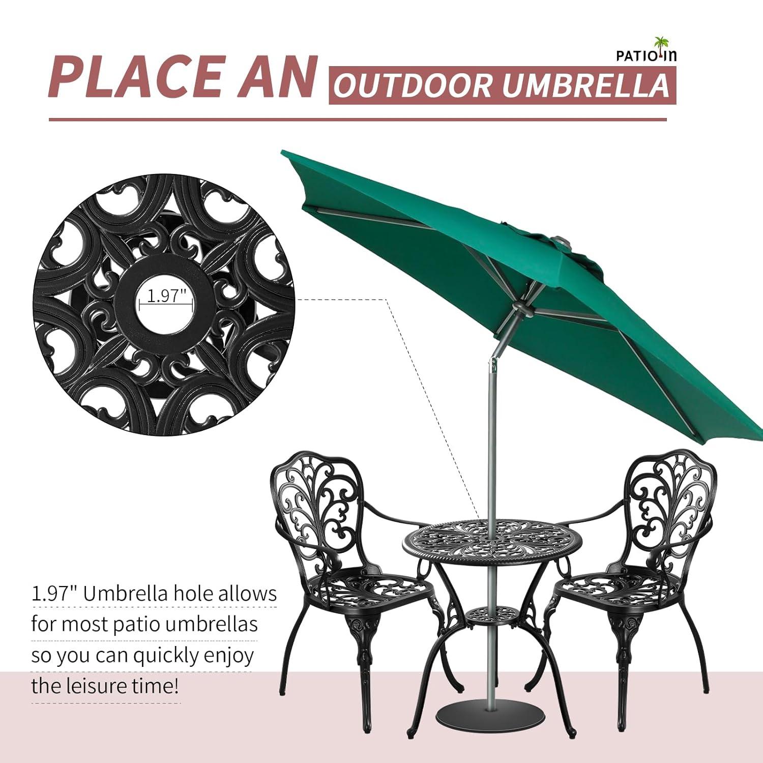 PATIO-IN 3 Piece Bistro Set Cast Aluminum Bistro Table and Chairs Set of 2 with Umbrella Hole,Patio Furniture Sets for Front Porch,Garden