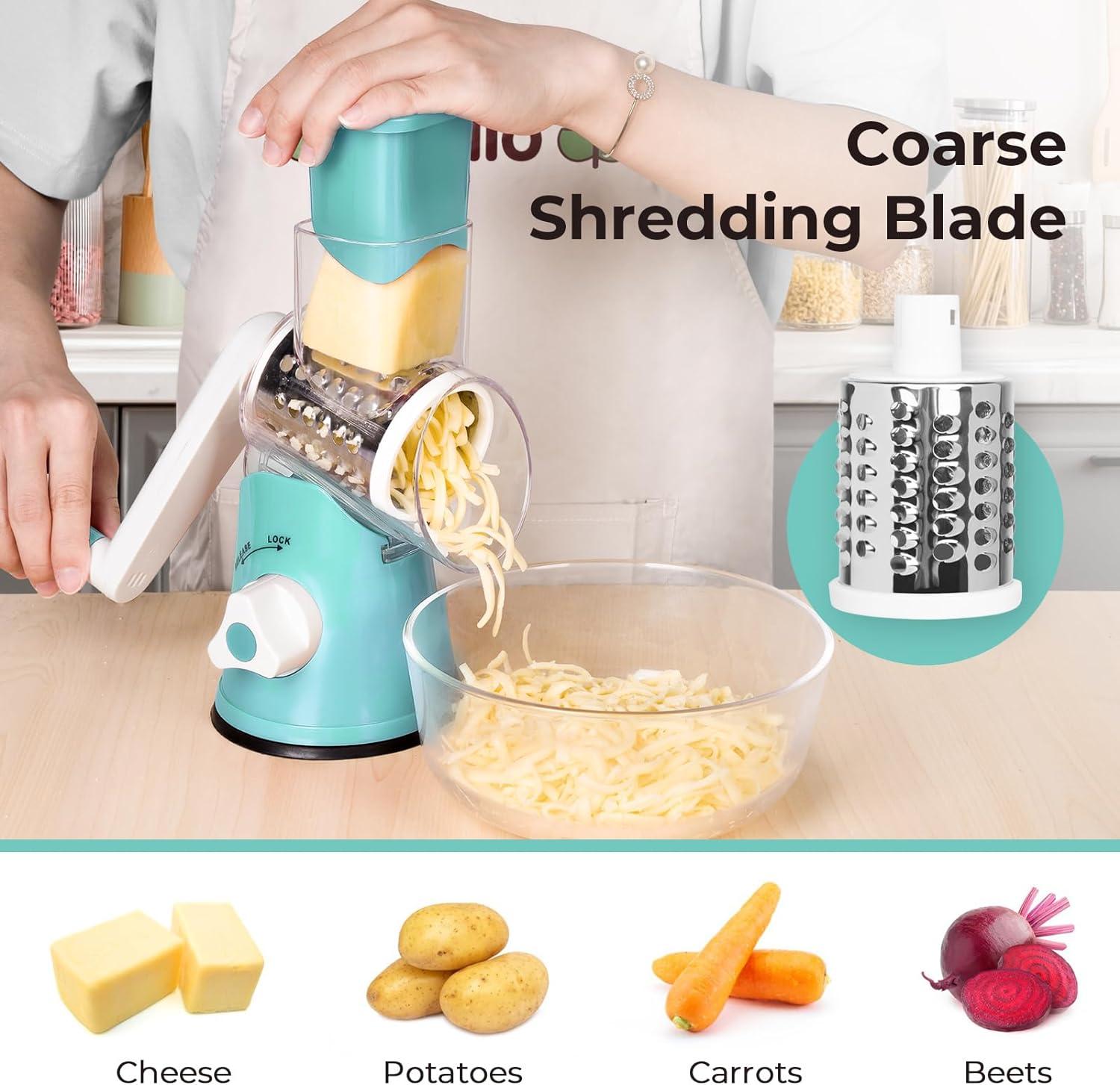 XDDST Cheese Grater Hand Crank With Handle Manual Cheese With Suction Base Vegetable Slicer Grinder Cheese With 3 Interchangeable Blue