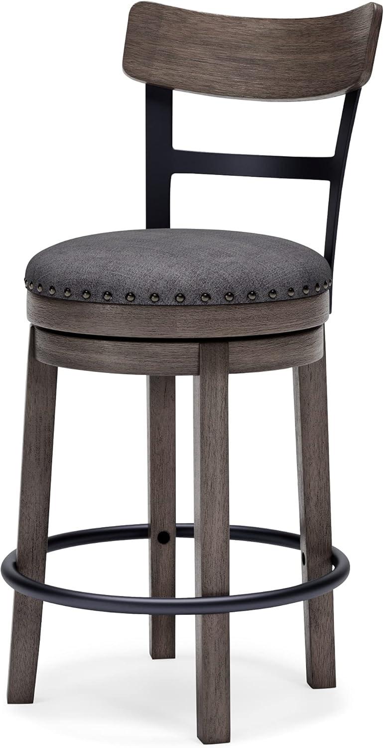 Gray Medium Wood and Metal Swivel Bar Stool with Nailhead Trim