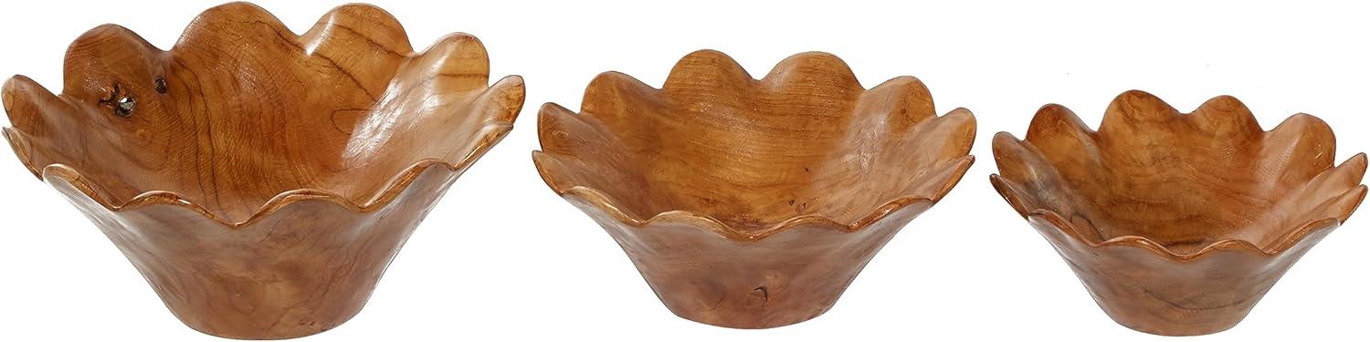 DecMode 10", 12", 14"W Handmade Round Floral Brown Teak Wood Decorative Bowl, Set of 3