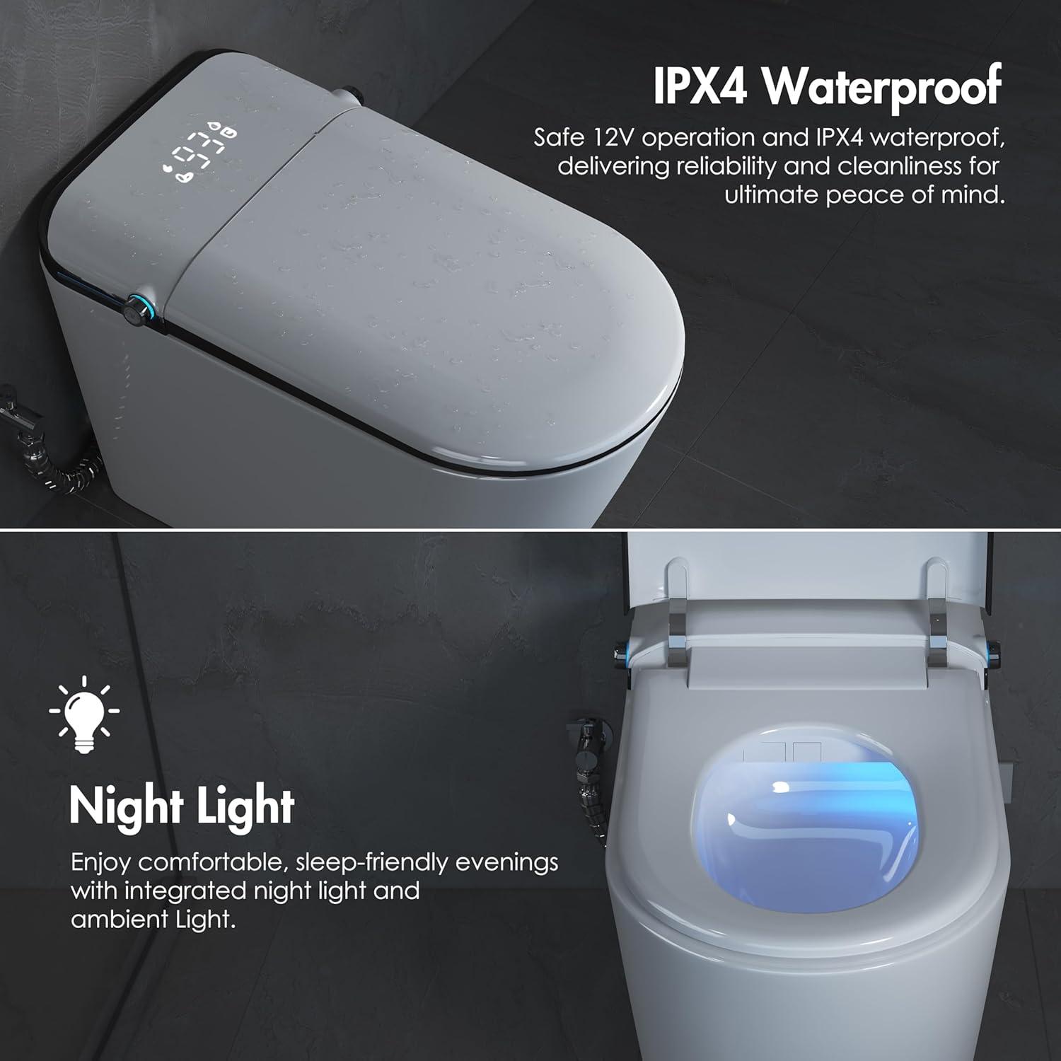 Elongated Smart Bidet Toilet with Heated Seat, Sensor-Activated Lid, Auto & Blackout Flush, Night Light (Remote Included)