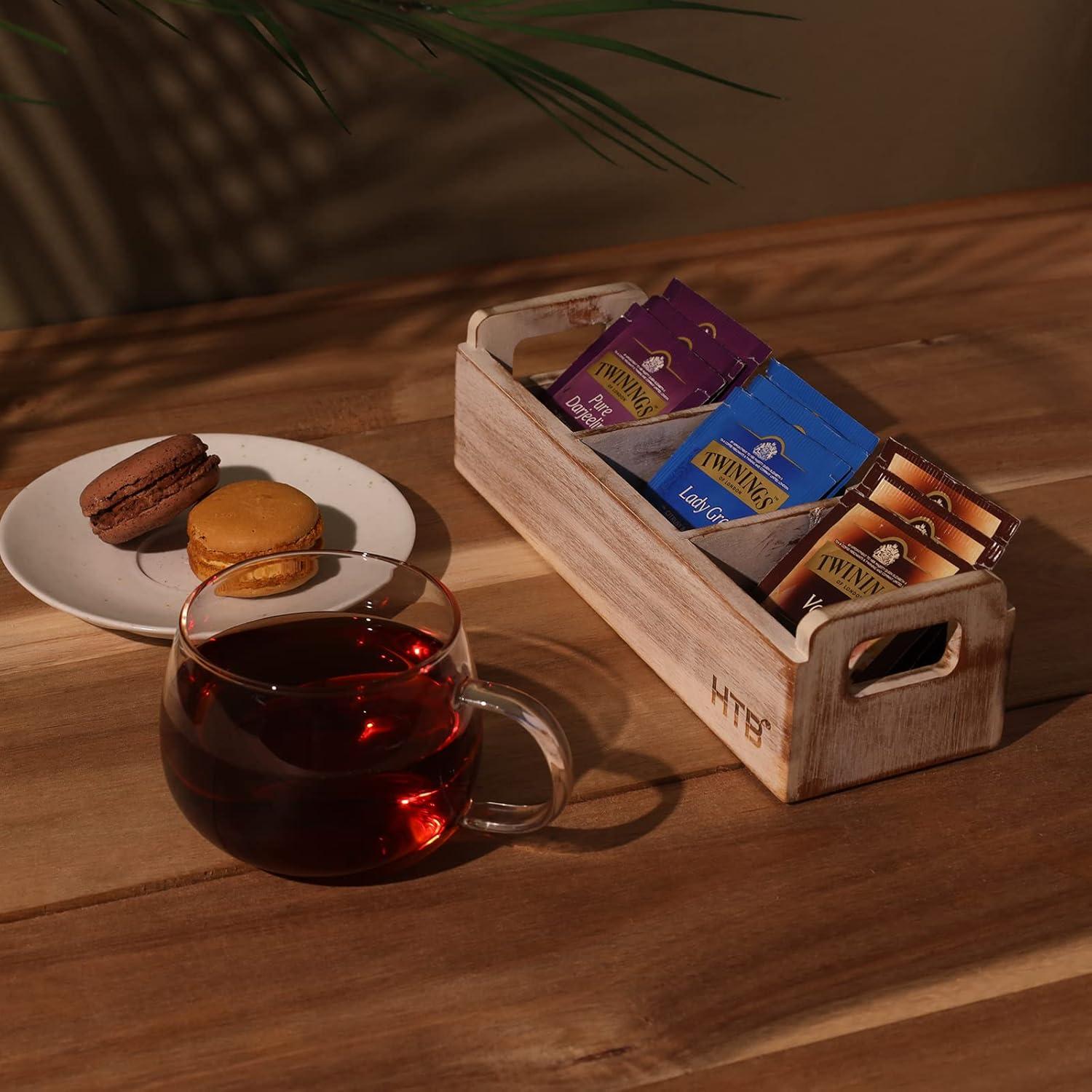 HTB Small Tea Bag Holder Pack of 2, Bamboo Tea Organizer 3 Compartments for Beverage Suppliers, Sweeteners, Individual Packets, Portable Tea Bag Organizer for Home Kitchen Counter or Office