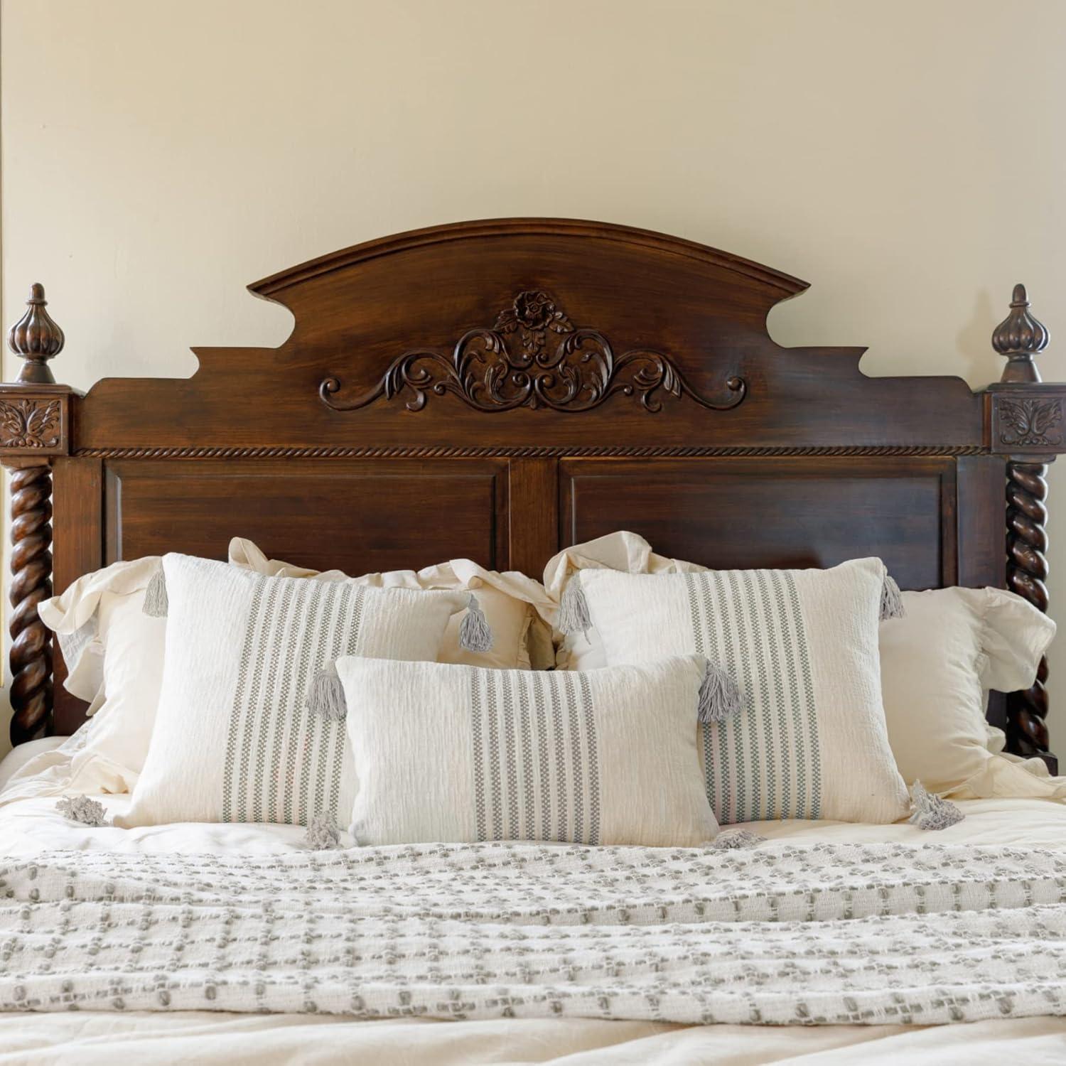 Boho Gray and Off-White Embroidered Square Pillow Covers with Tassels