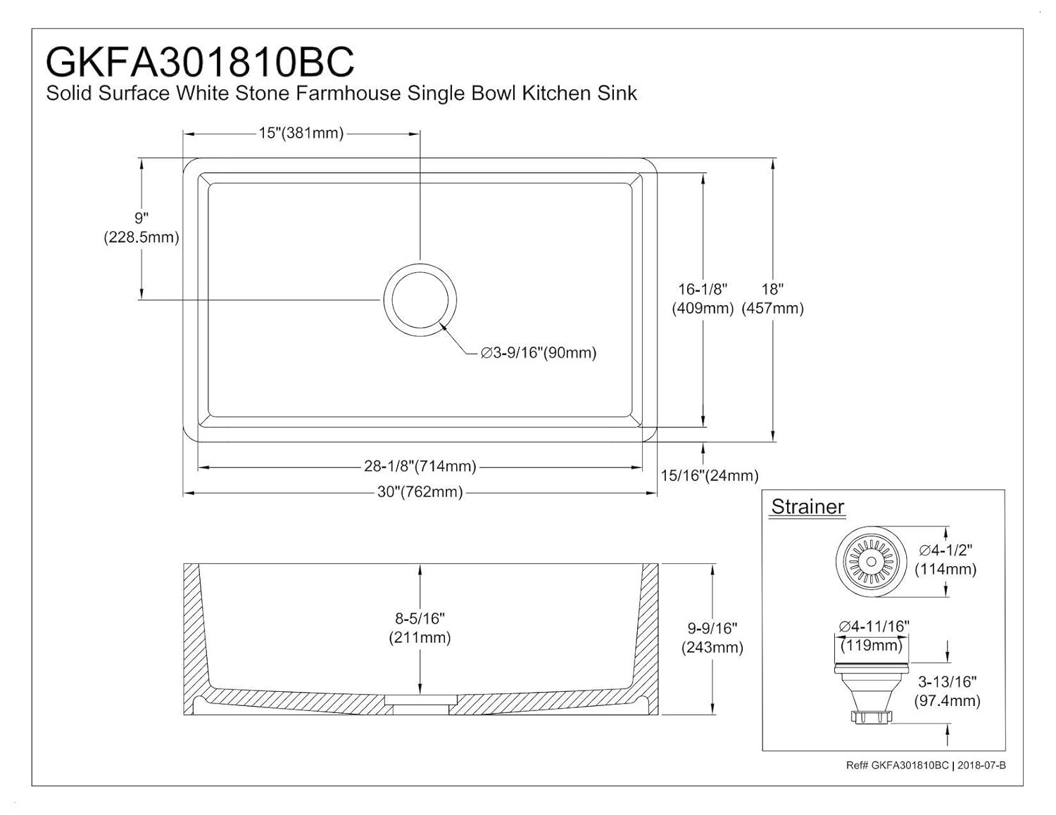 Kingston Brass GKFA301810BC Arctic Stone Solid Surface White Apron Front Farmhouse Single Bowl Kitchen Sink, 30" (L) X 18" (W) X 9-9/16 (D), Matte White