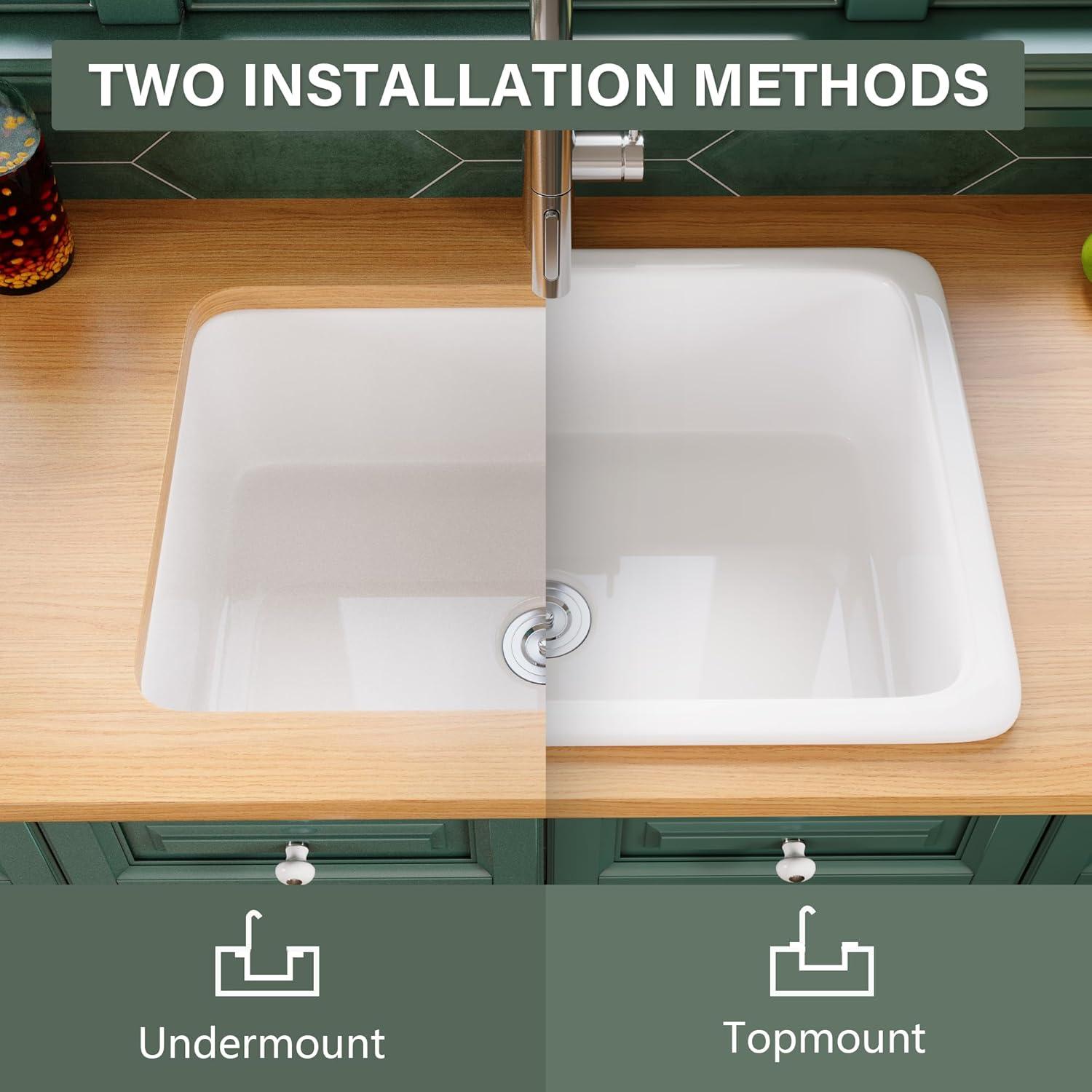 32" L x 19" W Single Bowl Fireclay Kitchen Sinks White with Bottom Grids and Basket Strainer