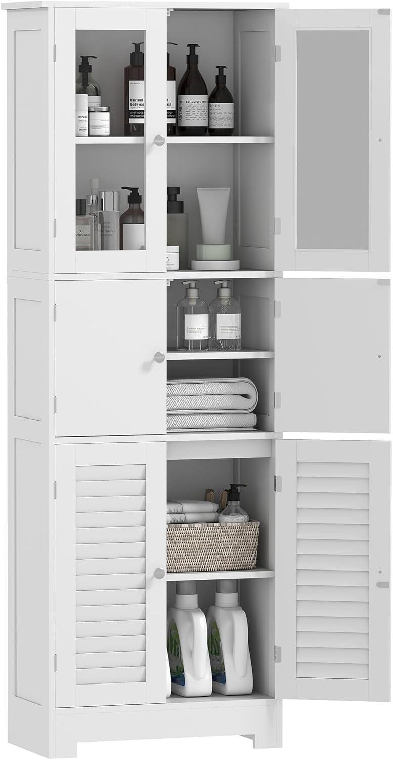 HOMCOM 67" Bathroom Cabinet with Glass/Louvred Doors, Tall Bathroom Storage Cabinet with Adjustable Shelf, White