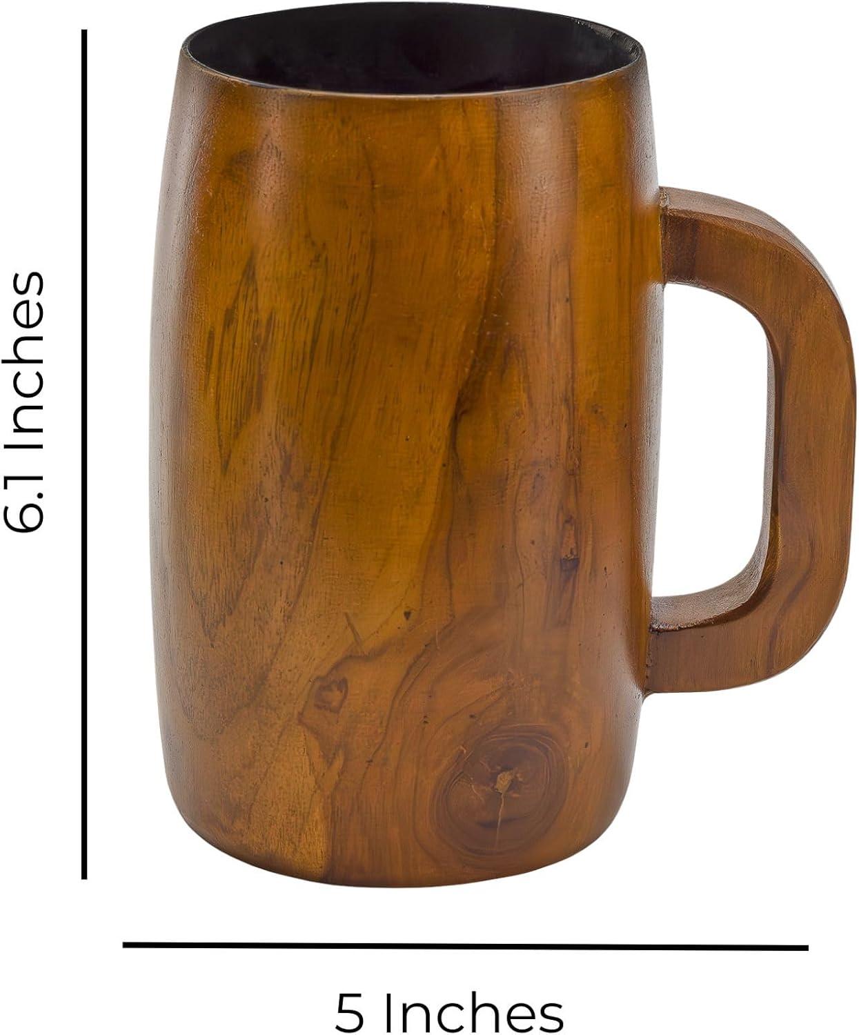 Darware Teak Wood Coffee Mugs, 2pc Set; Wooden Stein Retro 16 Fluid Ounce Cups