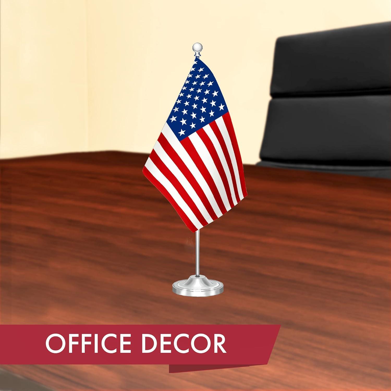 G128 American USA Deluxe Desk Flag Set | 8.5x5.5 In | Printed 300D Polyester, with Silver Dome and Base, 15" Metal Pole, Decorations For Office, Home and Festival Events Celebration