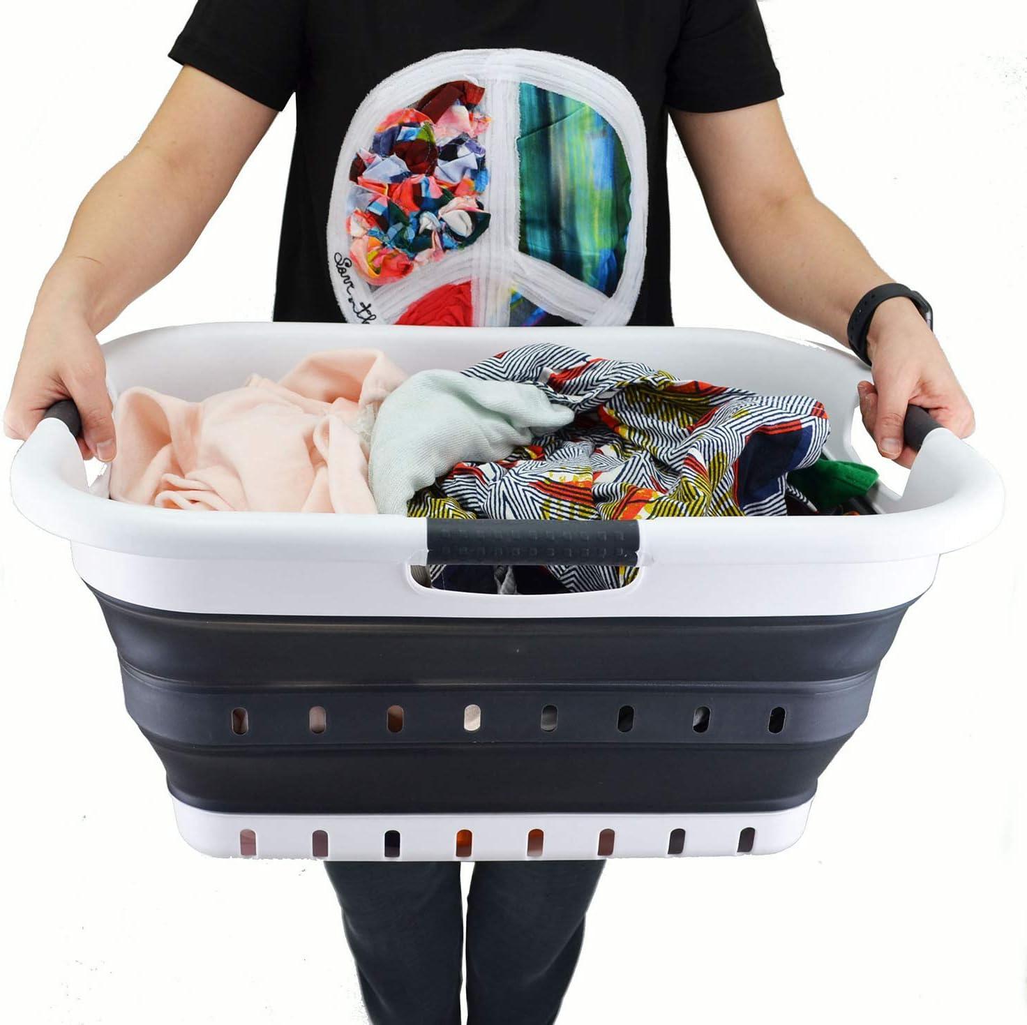 White and Black Collapsible Plastic Laundry Basket Set