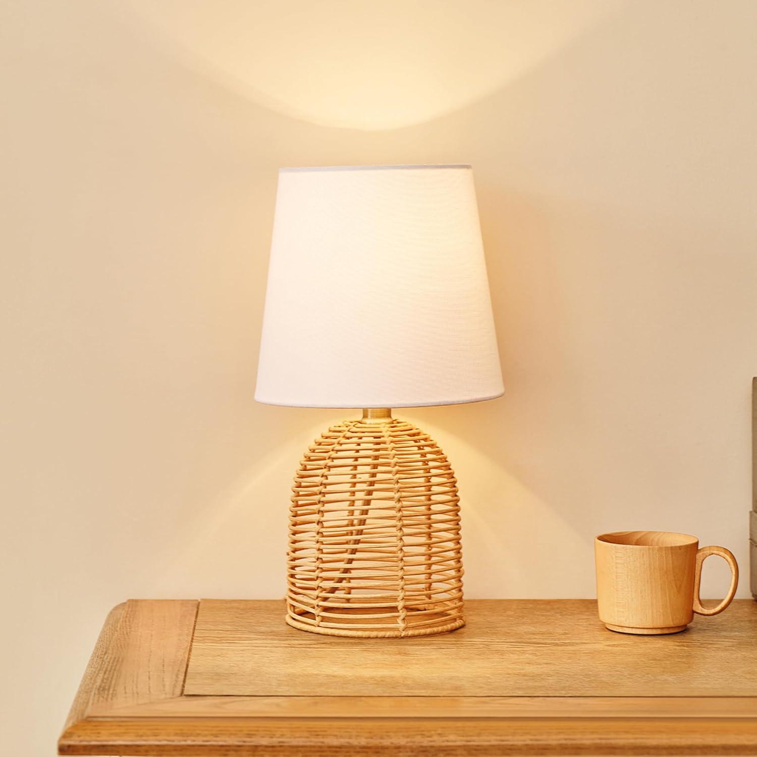 14" Table Lamp, Rattan Base, White Linen Shade, On/Off Rotary Switch on Socket, Table Lamp for Living Room, Home Décor, Lamps for Bedroom, Home Improvements, Room Décor