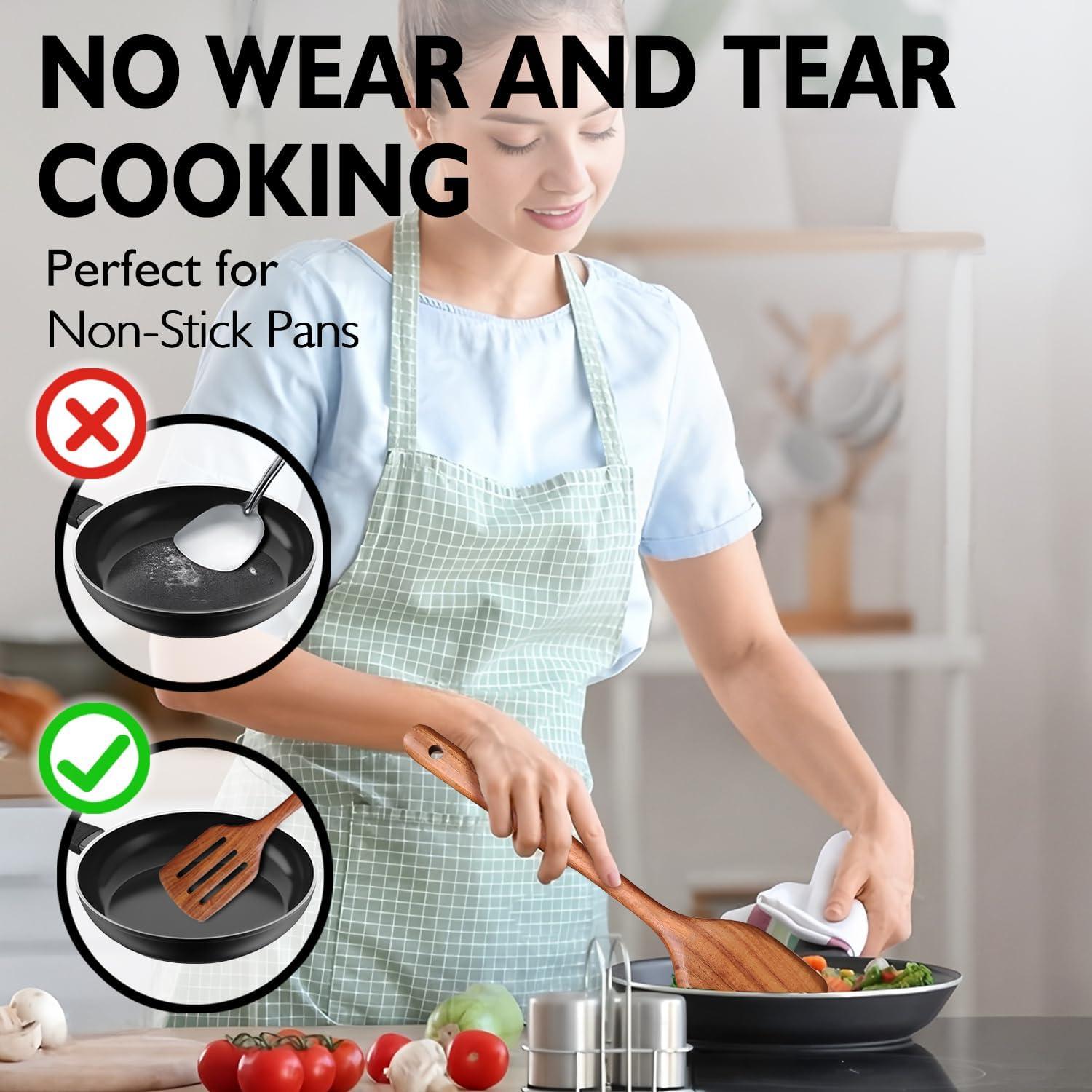 Sandistore Plate Mates Set 7PCS Wooden Cooking Utensils Kitchen Utensil Natural Teak Wood Kitchen Utensils Tool Nonstick Hard Wooden Spatula And Wooden Spoons